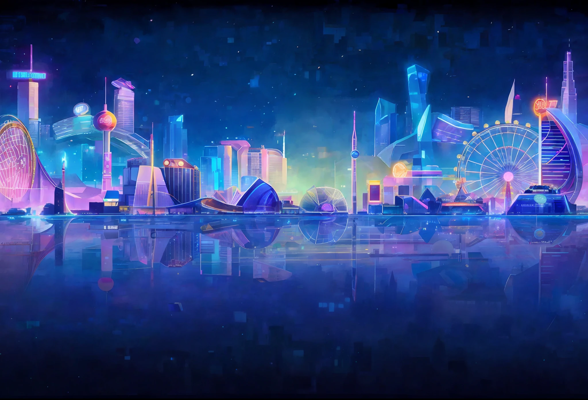 a brightly lit city skyline with ferris wheel and ferris wheel in the background, background artwork, futuristic city backgrond, futuristic city backdrop, futuristic city background, neon cityscape background, geometric futuristic cityscape, neon city in the background, surreal cityscape background, jen bartel, neon megacity in the background, cybernetic city background, night city background