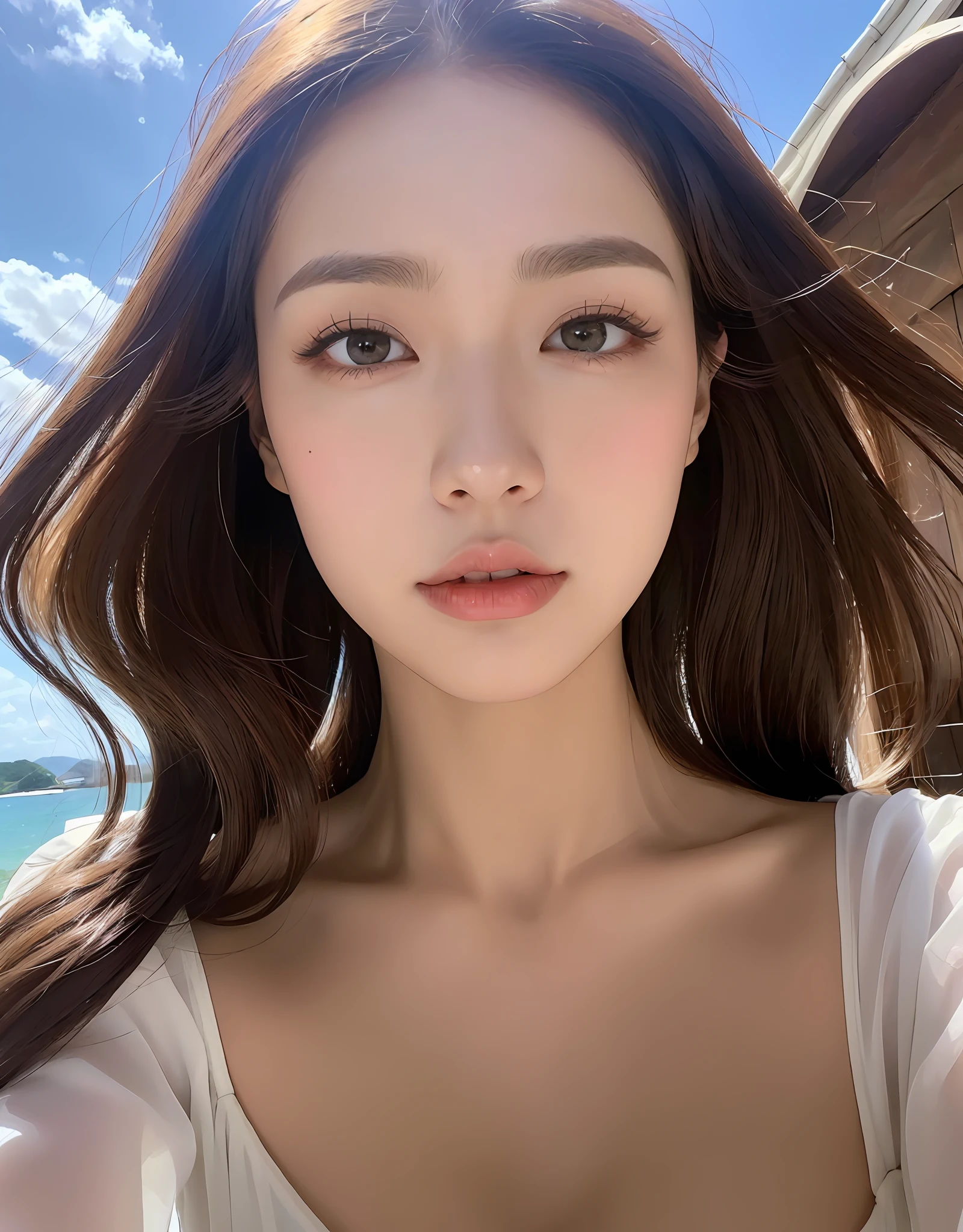 (Daytime, Excellent, 8K, Masterpiece:1.3)), Full body, Long legs, Focal length: 1.2, Perfect Body Beauty: 1.4, Slim Abs: 1.1, ((Dark Brown Hair, Big Breasts: 1.2 )), (White Dress, Standing: 1.2), ((Sea, Blue Sky and White Clouds: 1.3)), Highly detailed face and skin texture, Detailed eyes, Double eyelids, long flying hair
