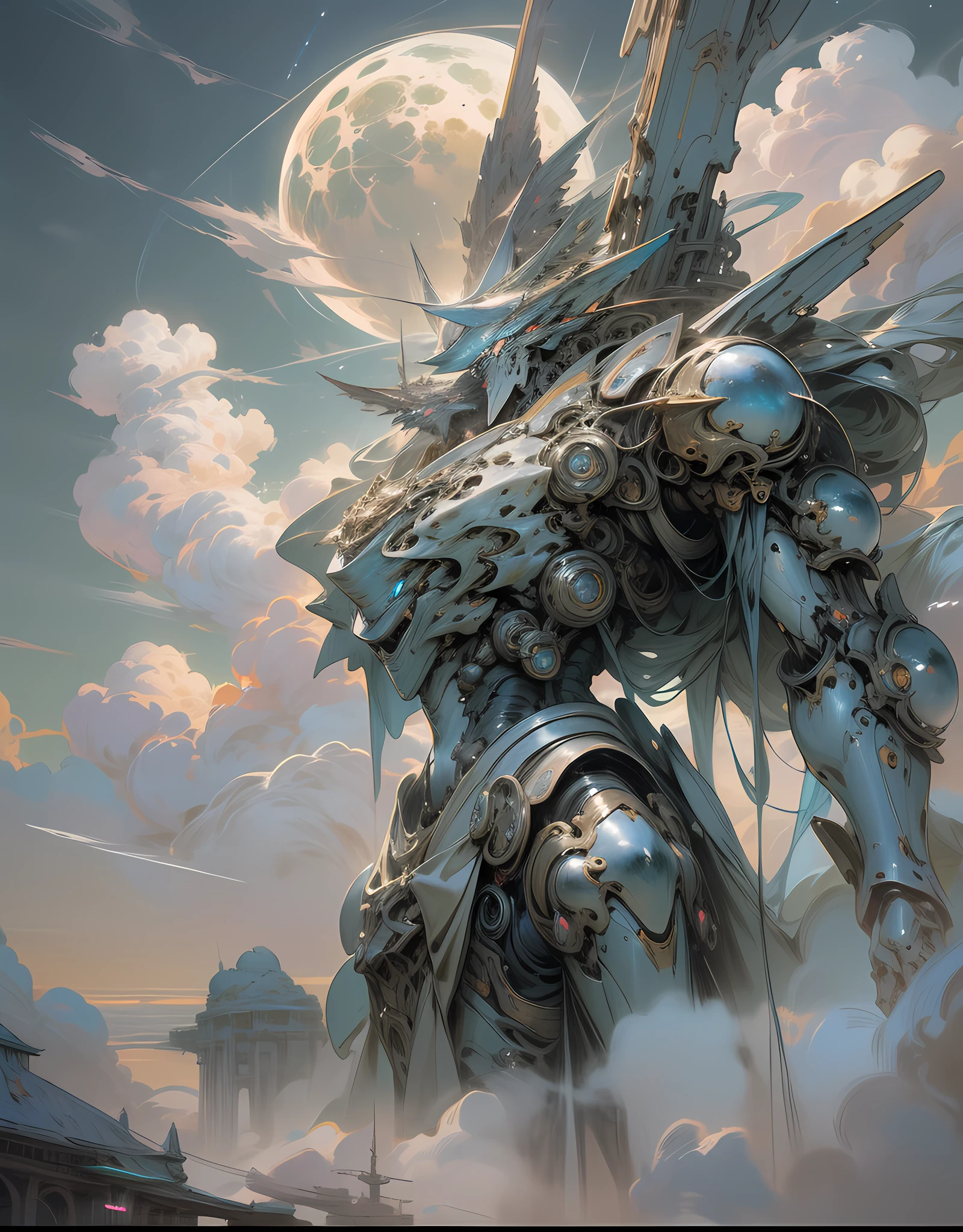 ((Best Quality)), ((Masterpiece)), (detailed), Giant Mech, Perched on Clouds, (Fantasy Illustration: 1.3), Enchanting Eyes, Otherworldly Charm, Mysterious Sky, (Luis Royo: 1.2), (Yoshitaka Amano: 1.1), Moonlit Night, Pastel Colors, (Detailed Cloud View: 1.3), (High Resolution: 1.2)