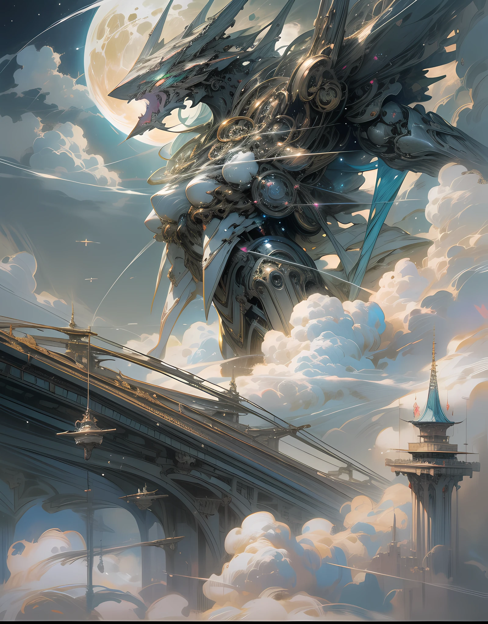 ((Best Quality)), ((Masterpiece)), (detailed), Giant Mech, Perched on Clouds, (Fantasy Illustration: 1.3), Enchanting Eyes, Otherworldly Charm, Mysterious Sky, (Luis Royo: 1.2), (Yoshitaka Amano: 1.1), Moonlit Night, Pastel Colors, (Detailed Cloud View: 1.3), (High Resolution: 1.2)