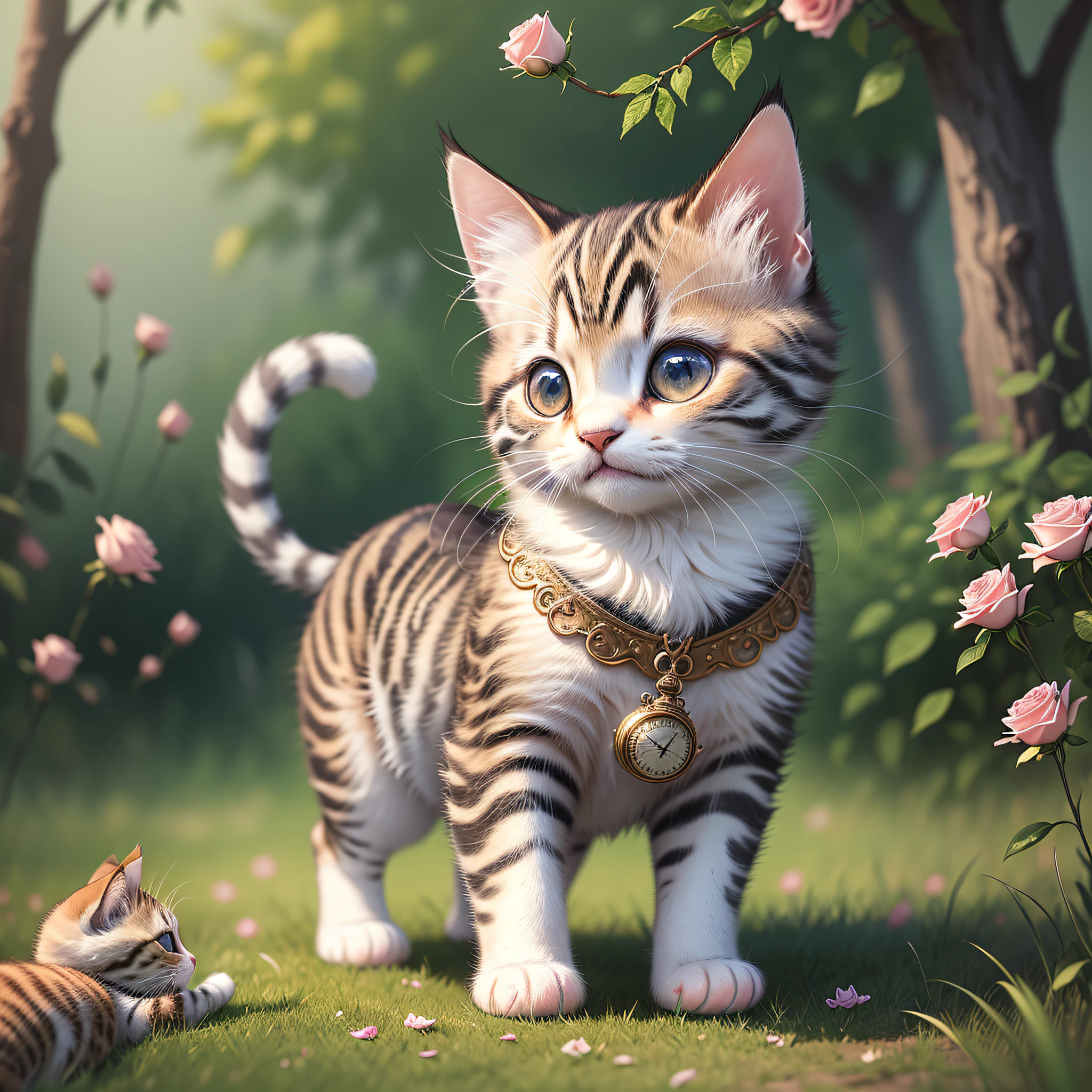 Pictures, photo-like quality, ultra-detailed CG art, adorable kitten surrounded by ethereal roses, kitten, one, non-human, bipedal, top quality, high resolution, intricate details, fantasy, cute animals, best expression, running on grass, standing on hind legs, holding a pocket watch with front paws
