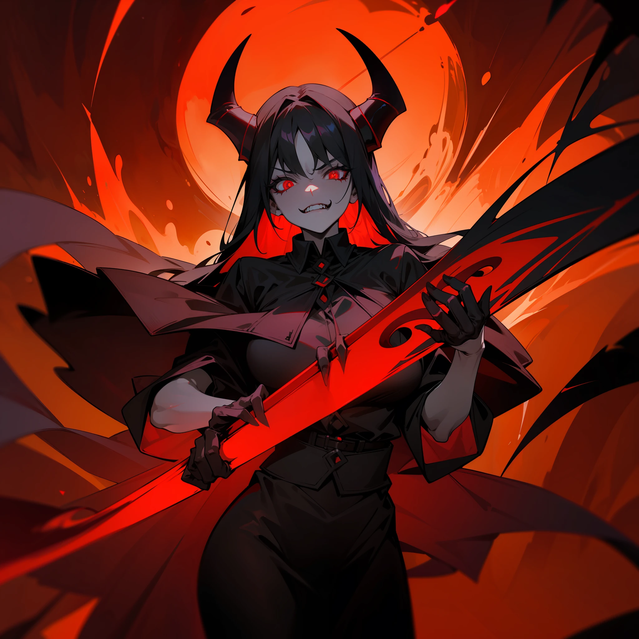 (Demonic_Art: 1.5), a hellish woman with an incredibly scary appearance, has a fiery red aura surrounding her body, enormous demonic horns, and eyes that glow an intimidating red, holding an oversized scythe that glimmers brilliantly under the light.