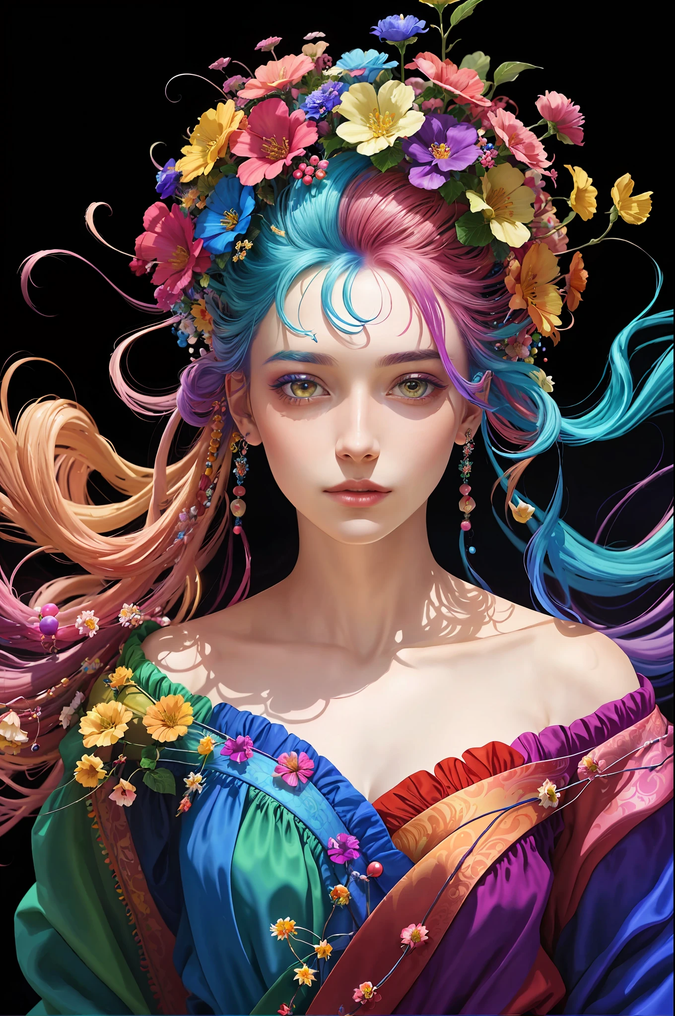 brightly colored hair with flowers and beads on top of it, colorfull digital fantasy art, beautiful art uhd 4 k, gorgeous digital art, beautiful digital artwork, 4k highly detailed digital art, beautiful digital art, stunning digital art, realistic digital art 4 k, realistic digital art 4k, beautiful gorgeous digital art, art of alessandro pautasso, colorful digital painting