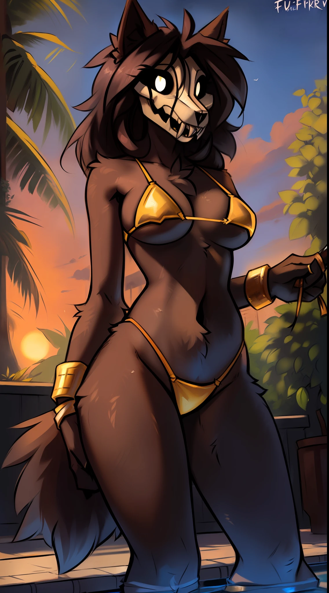 uploaded on e621, (((by fluff-kevlar, by Zackary911, by Kenket, by Kilinah, by fluff-kevlar))), solo female (((scp-1471))), wear (((golden wristband and jewelry and golden bikini))), (detailed wolf scp-1471), (detailed lighting),(detailed fur), (detailed breasts), (detailed skin), BREAK, ((standing at hotel suite outdoor swimming pool with plant on sunny day)), (cinematic lighting), ((detailed background)), ((depth of field)), (half body shadow), ((looking at viewer)), (low-angle view), ((three-quarter view)), [backlighting], [detailed ambient light], [gray natural lighting], [ambient light on the belly], [realistic proportions], [explicit content, adult, nsfw], [sharp focus], (questionable content), (shaded), (hi res), ((masterpiece))