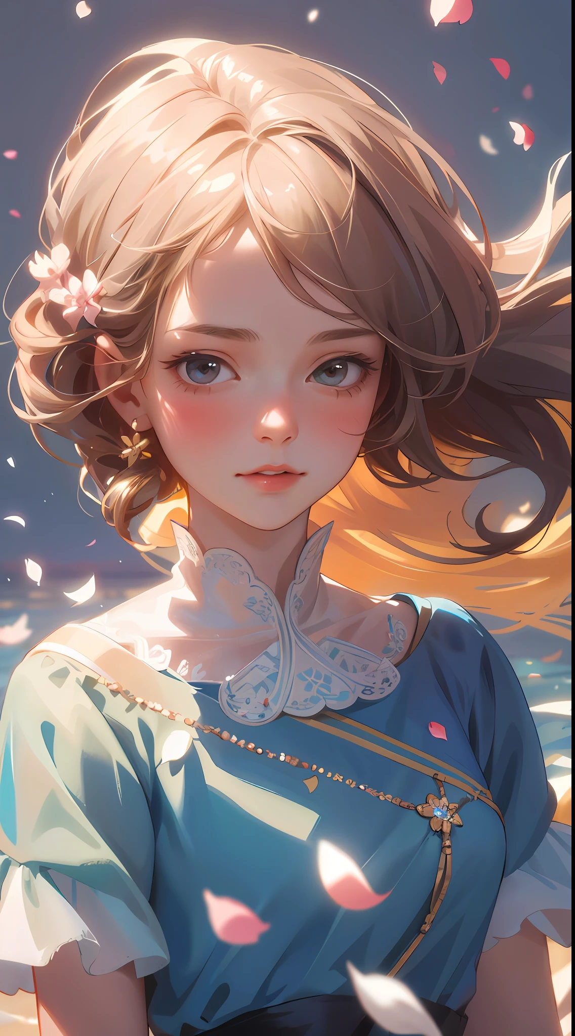 (best quality, masterpiece, ultra-realistic), 1 beautiful and delicate portrait of a girl, playful and cute, with floating petals in the background