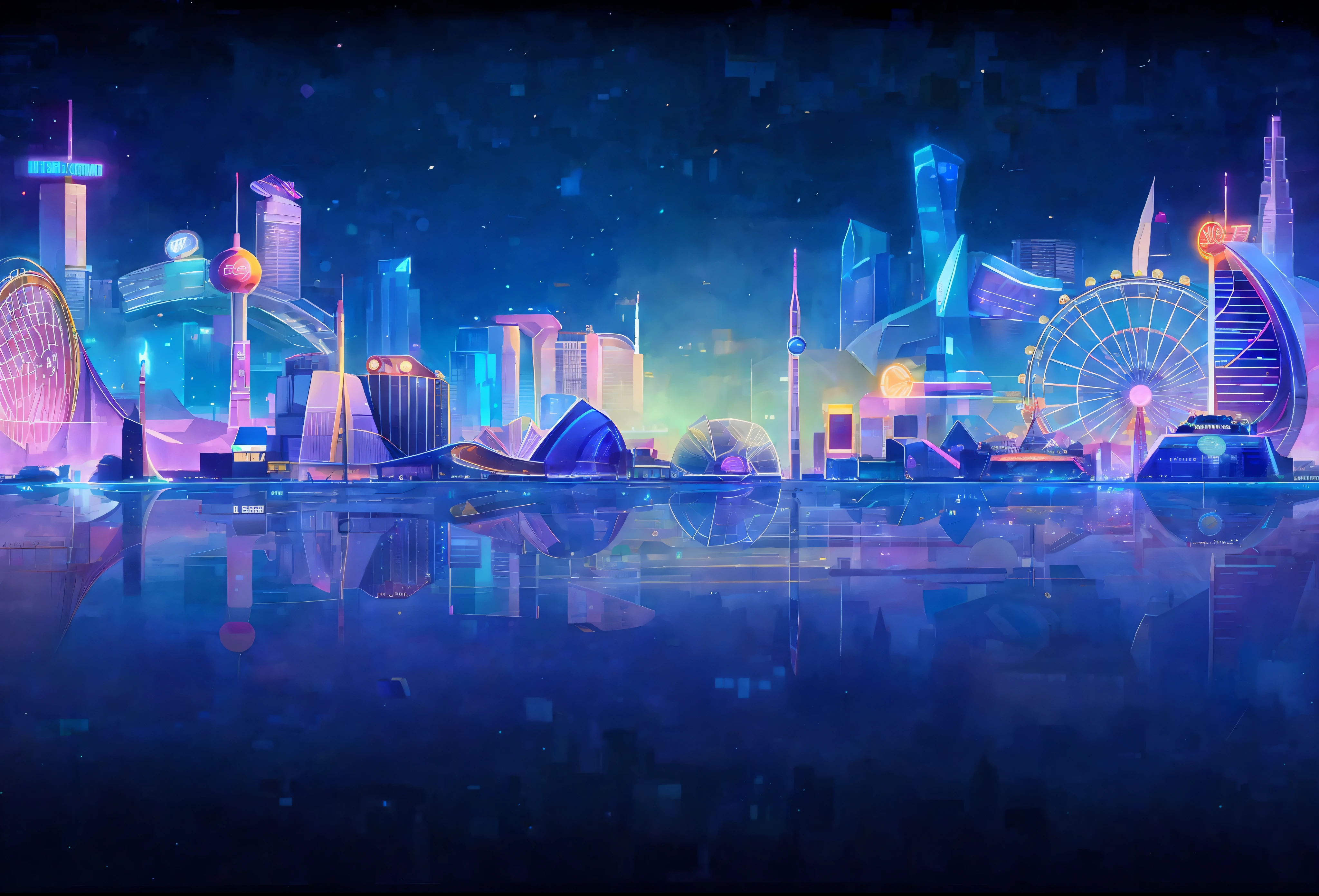 a brightly lit city skyline with ferris wheel and ferris wheel in the background, background artwork, futuristic city backgrond, futuristic city backdrop, futuristic city background, neon cityscape background, geometric futuristic cityscape, neon city in the background, surreal cityscape background, jen bartel, neon megacity in the background, cybernetic city background, night city background