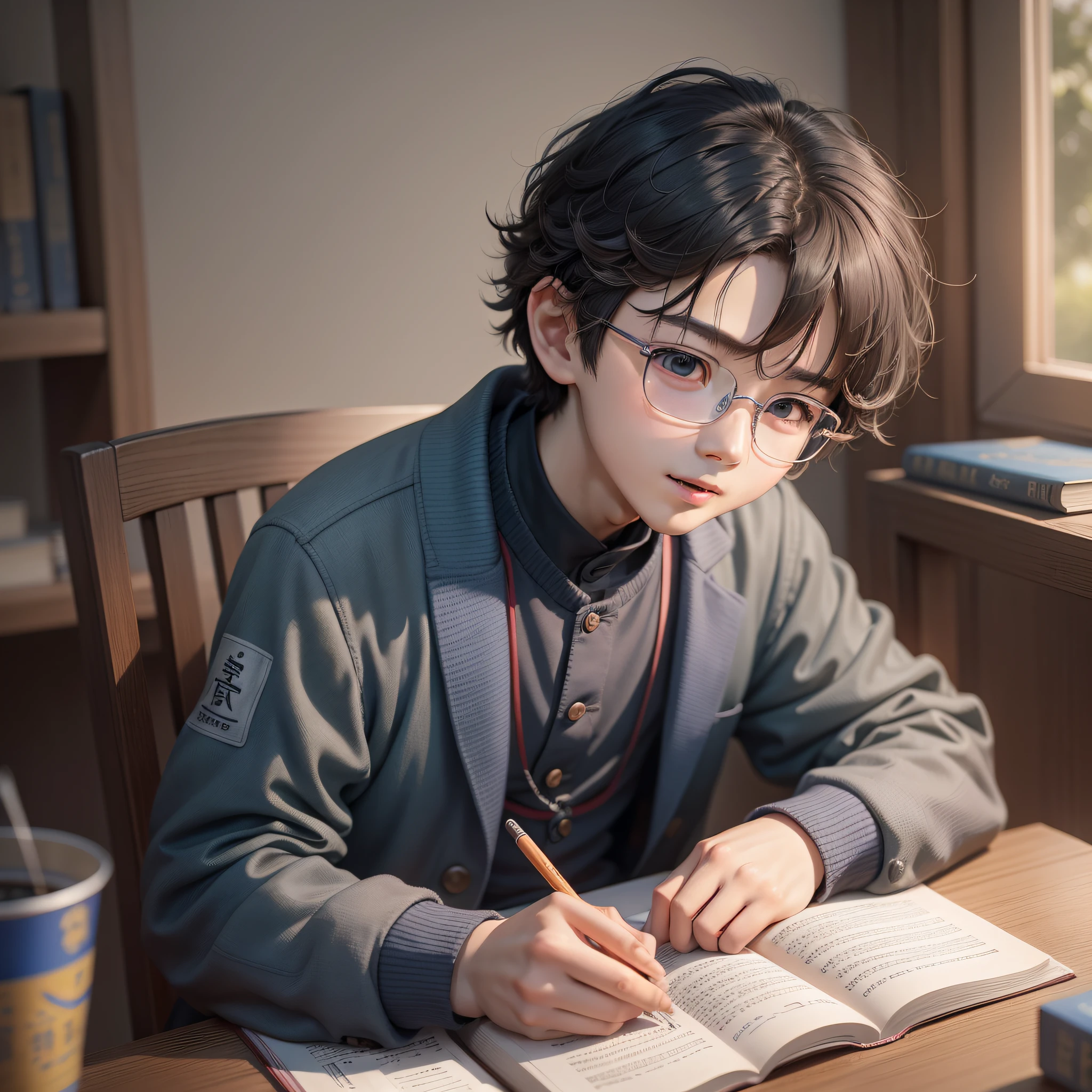 there is a young boy sitting at a table with a book, trying to study, cai xukun, studying, cute:2, trying to read, jinyiwei, yihao ren, xintong chen, inspired by Zhichao Cai, inspired by Huang Gongwang, mischievous!!, 😃😀😄☺🙃😉😗, inspired by Xie Huan