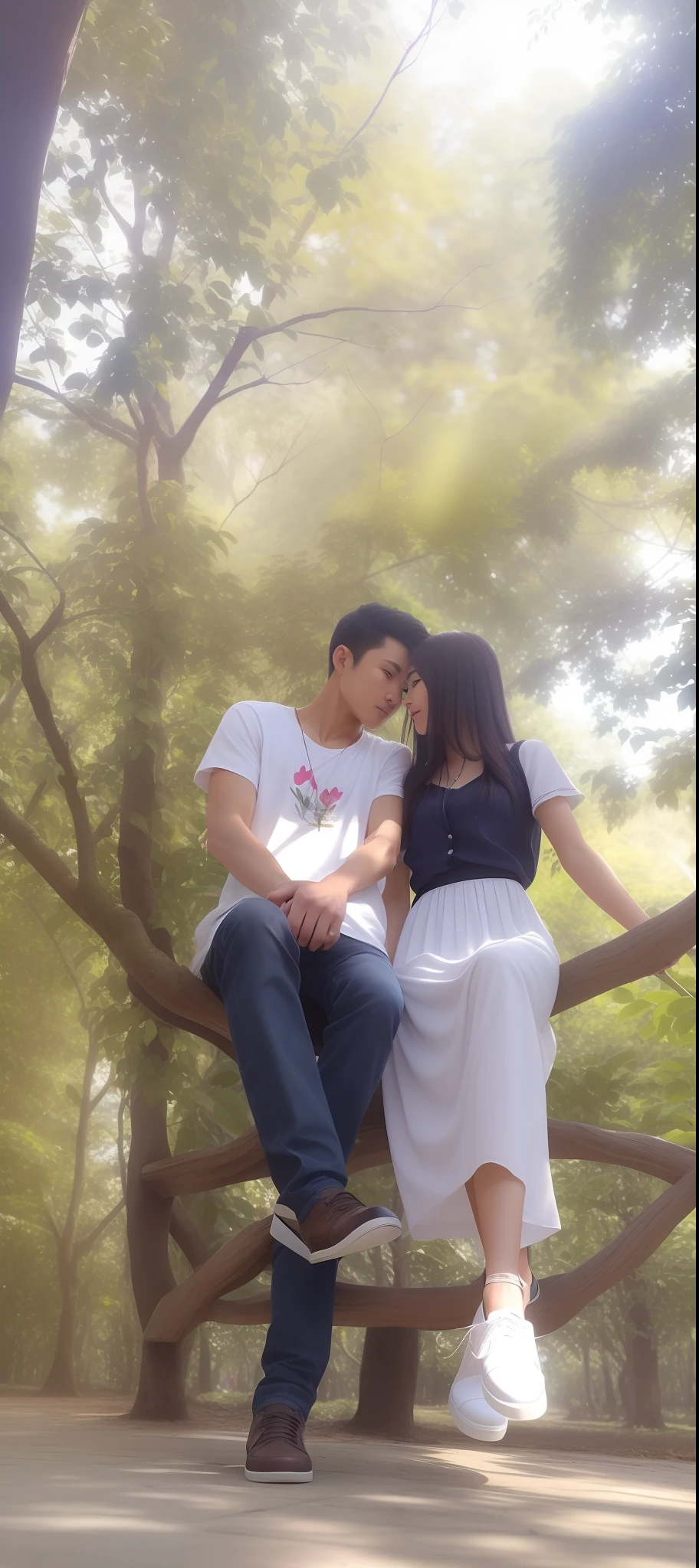 there is a man and woman sitting on a bench in the park, lovely couple, couple, couple pose, happy couple, in a tree, unreal enging, on a tree, very very low quality picture, with her long, photo taken in 2 0 2 0, help me, kuntilanak on tree, in jungle, profile image, scenary Perfect restoration, Face details, dress restoration, best quality, Rich details, masterpiece, 8k, raw