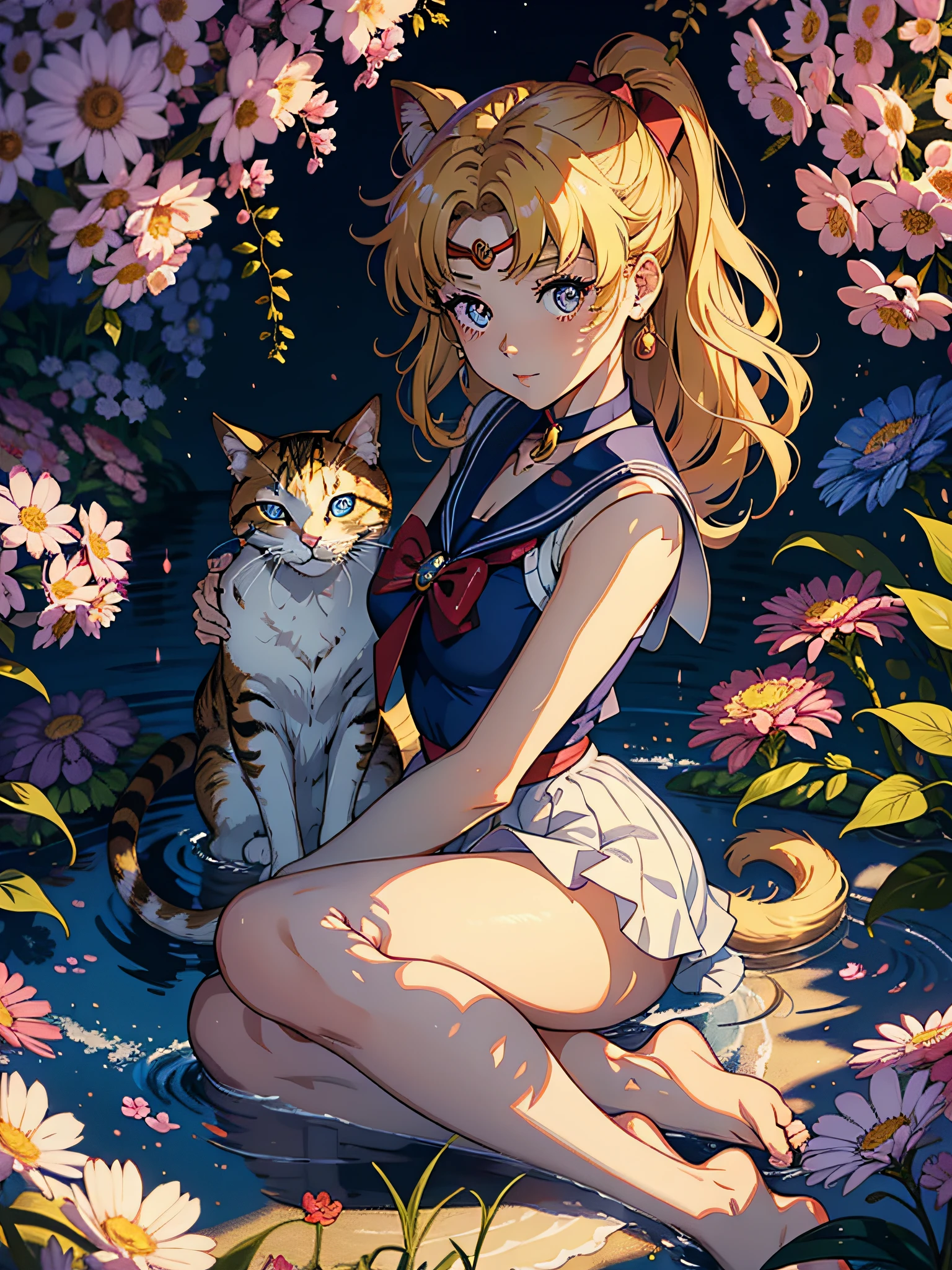 Masterpiece, good product, Sailor Moon, two-dimensional, cute girl, cat surrounding, among flowers, big eyes, blonde hair