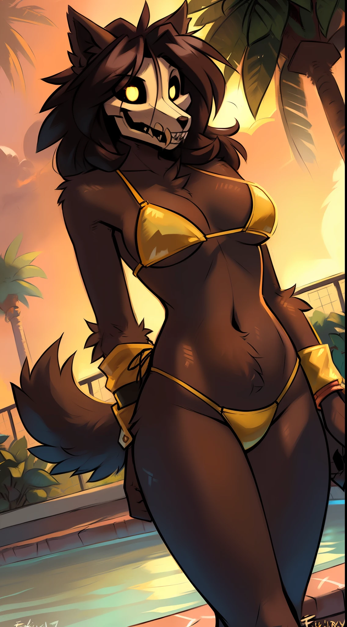 uploaded on e621, (((by fluff-kevlar, by Zackary911, by Kenket, by Kilinah, by fluff-kevlar))), solo female (((scp-1471))), wear (((golden wristband and jewelry and golden bikini))), (detailed wolf scp-1471), (detailed lighting),(detailed fur), (detailed breasts), (detailed skin), BREAK, ((standing at hotel suite outdoor swimming pool with plant on sunny day)), (cinematic lighting), ((detailed background)), ((depth of field)), (half body shadow), ((looking at viewer)), (low-angle view), ((three-quarter view)), [backlighting], [detailed ambient light], [gray natural lighting], [ambient light on the belly], [realistic proportions], [explicit content, adult, nsfw], [sharp focus], (questionable content), (shaded), (hi res), ((masterpiece))