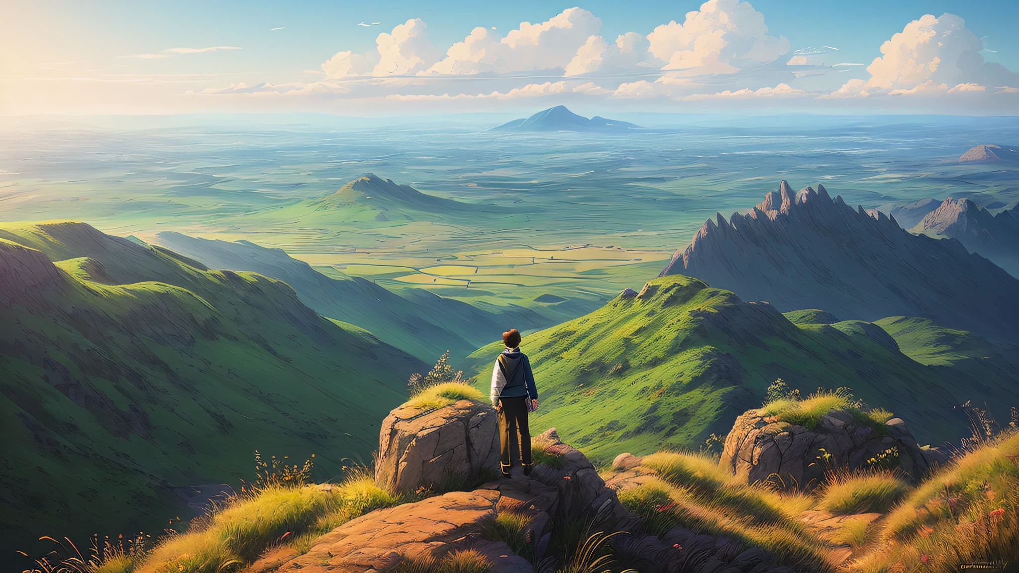 a highly detailed matte painting of a man on a hill watching a rocket launch in the distance by studio ghibli, makoto shinkai, by artgerm, by wlop, by greg rutkowski, volumetric lighting, octane render, 4 k resolution, trending on artstation, masterpiece, art by greg rutkowski and artgerm, soft cinematic light, adobe lightroom, photolab, hdr, intricate, highly detailed, ((((depth of field))))