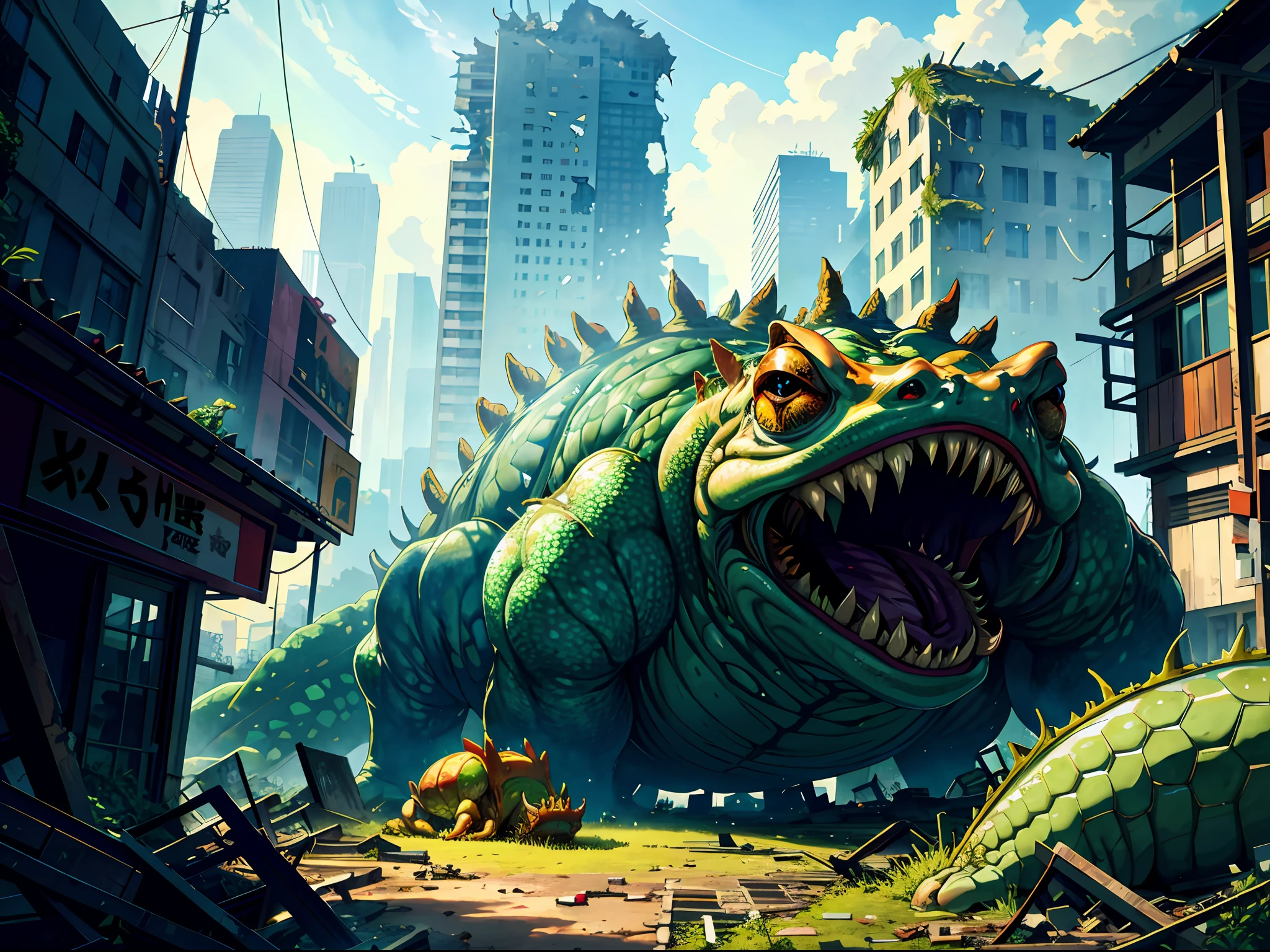 HD clear, best images, illustration quality, super detailed, a giant toad monster lying on a collapsed building, surrounded by spilled green venom, with a ruined city in the background