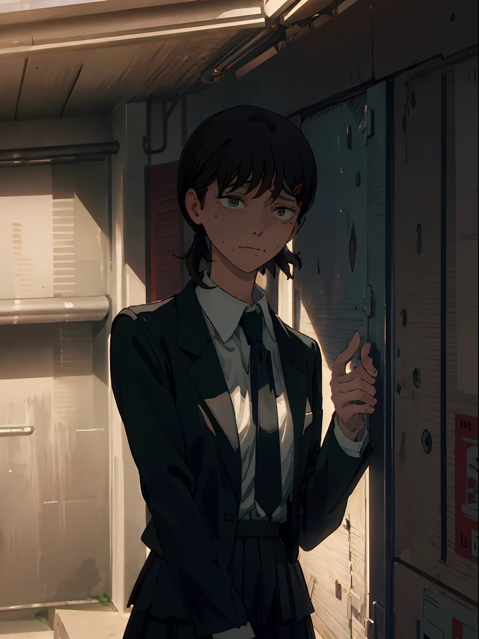 detailed, 8k, detailed shadows, looking at the audience, 1girl, solo, bulging eyes, slight smile, sweat, nervousness, madness, tiara, skirt, solo, tie, breasts, jacket, shirt, brown hair, formal, collared shirt, , short hair, gradient background, long sleeves, shadow, gradient, brown eyes, tears, white shirt, suit, black skirt, looking at the audience, under the eyes mole, bangs, office girl, mole, shut up, black jacket, (masterpiece, best quality), facing forward, mole at the corner of the eye