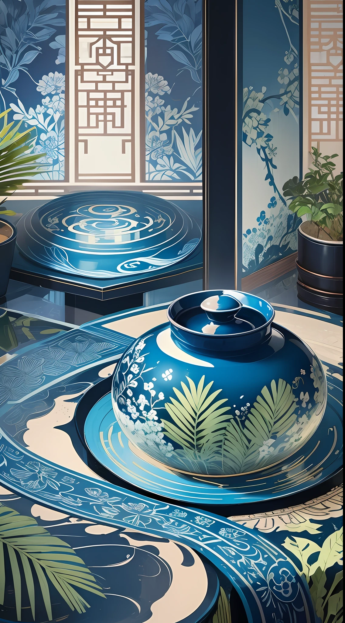 Flat floral and plant illustrations, Jiangnan Republic of China style, clear and clear, based on blue, artistic sense strong, fashionable style, abstraction, repeated arrangement of elements, splashed ink patterns.