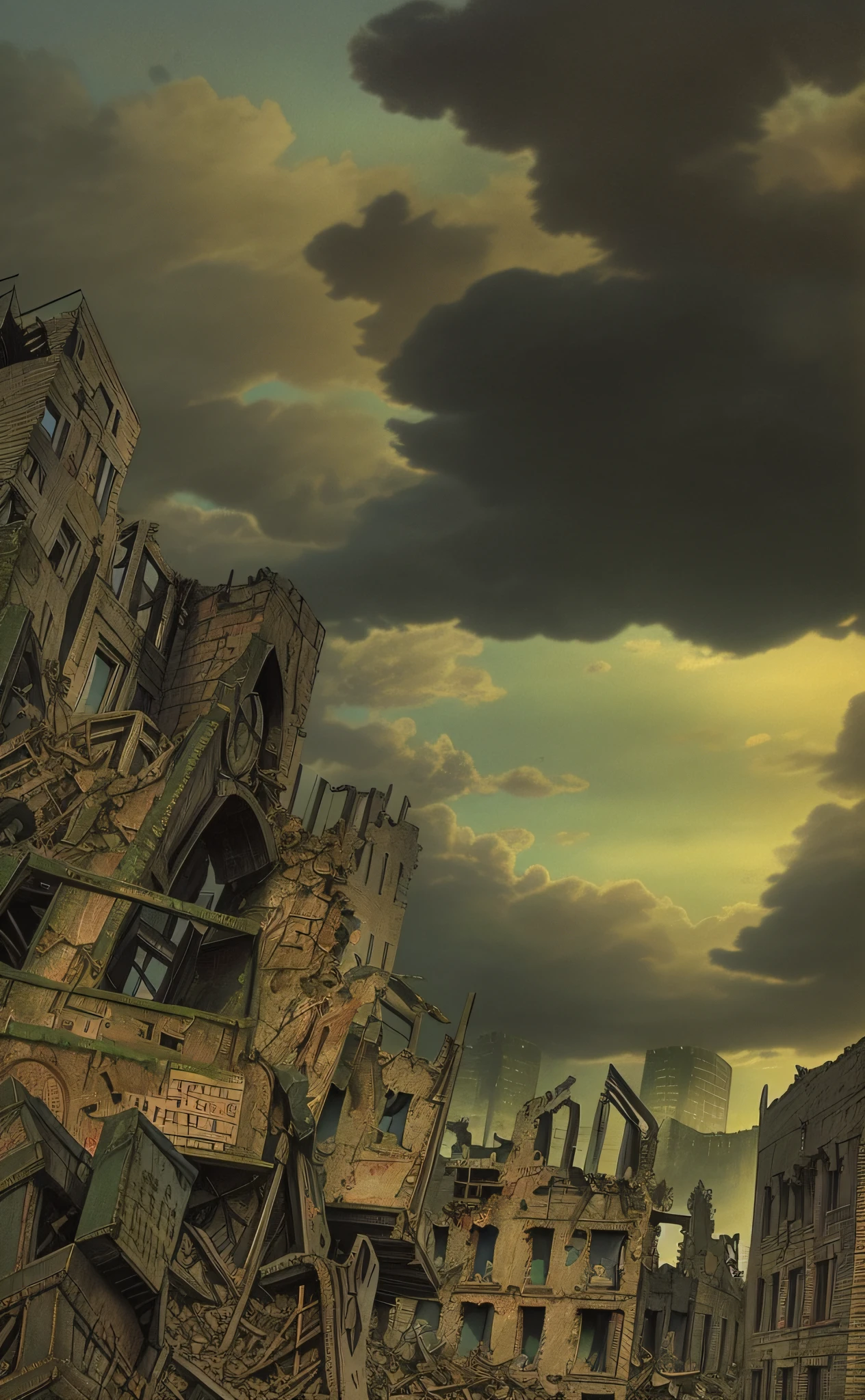 There is a picture of a city with a clock tower in the middle, in a ruined cityscape, destroyed cityscape, outdoor ruined cityscape, a city in ruins, a post-apocalyptic city, a post-apocalyptic view, a destroyed city, an apocalyptic city, a post-apocalyptic city, a ruined city in the background, An abandoned dystopian city, gloomy,