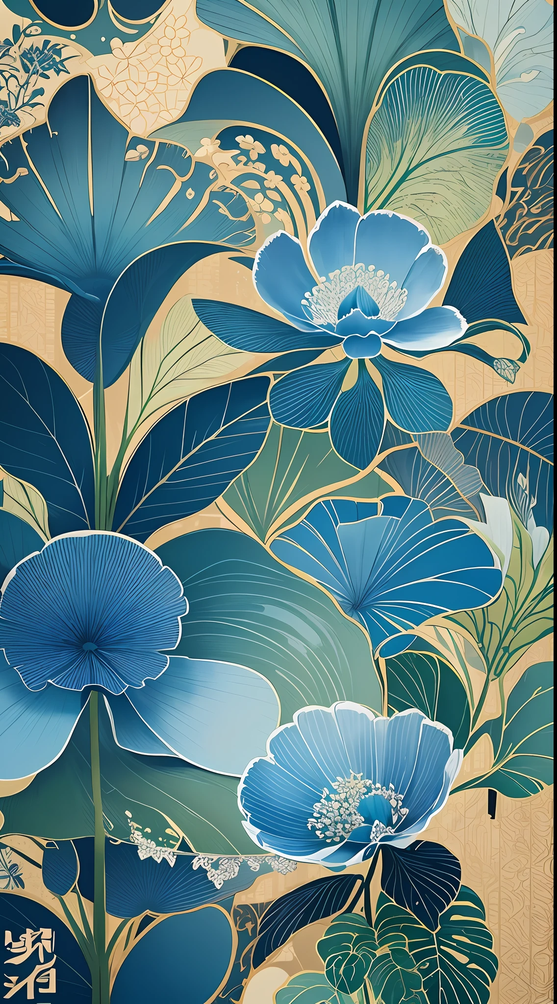 Flat floral and plant illustrations, Jiangnan Republic of China style, clear and clear, based on blue, artistic sense strong, fashionable style, abstraction, repeated arrangement of elements, splashed ink patterns.