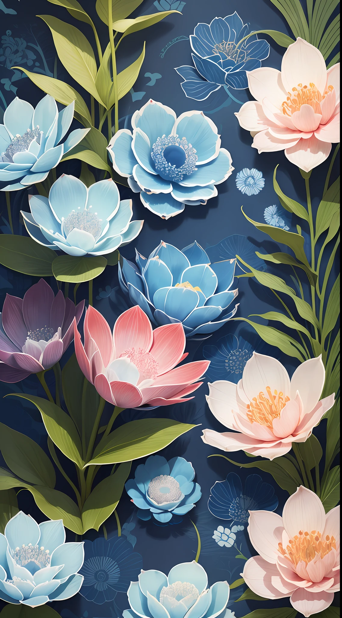 Flat floral and plant illustrations, Jiangnan Republic of China style, clear and clear, based on blue, artistic sense strong, fashionable style, abstraction, repeated arrangement of elements, splashed ink patterns.