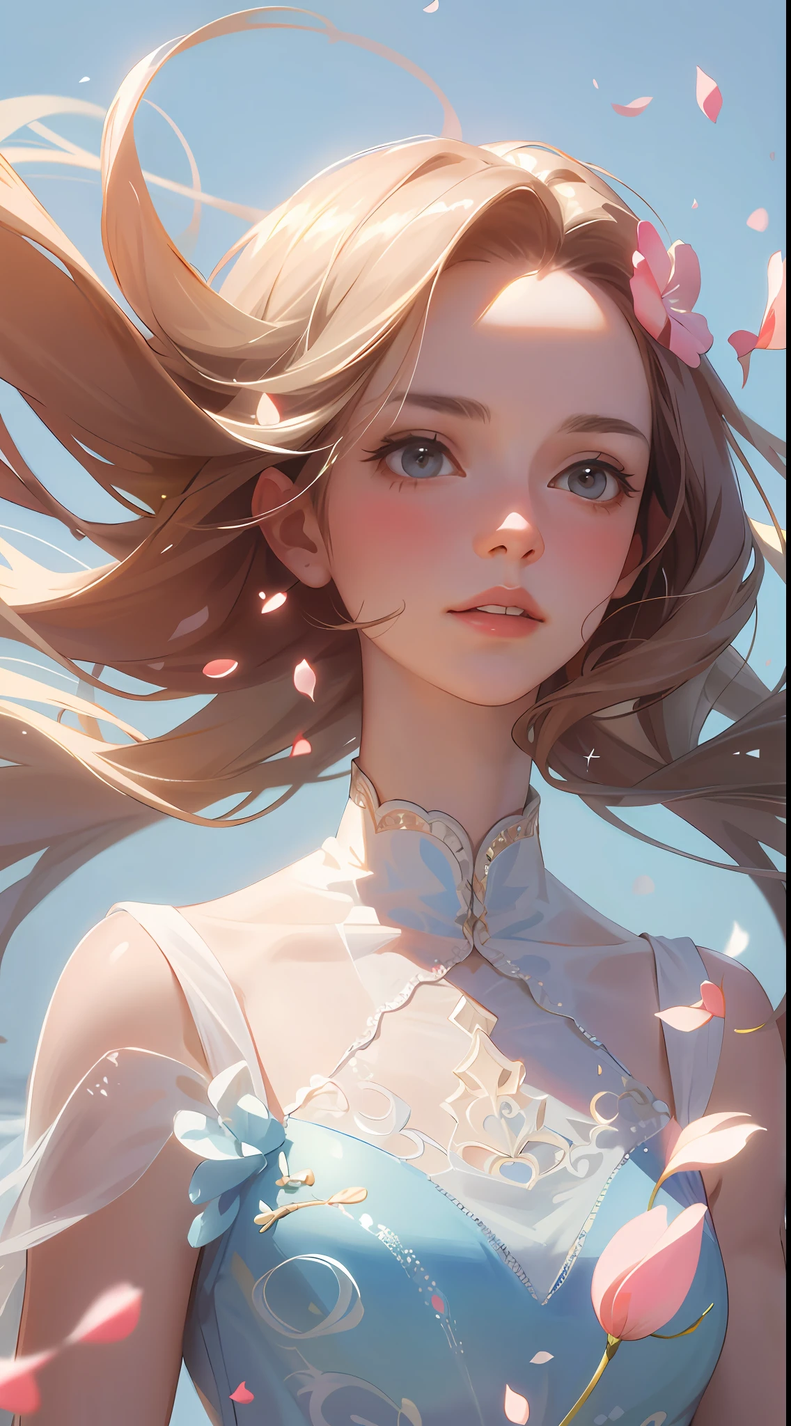 (best quality, masterpiece, ultra-realistic), 1 beautiful and delicate portrait of a girl, playful and cute, with floating petals in the background