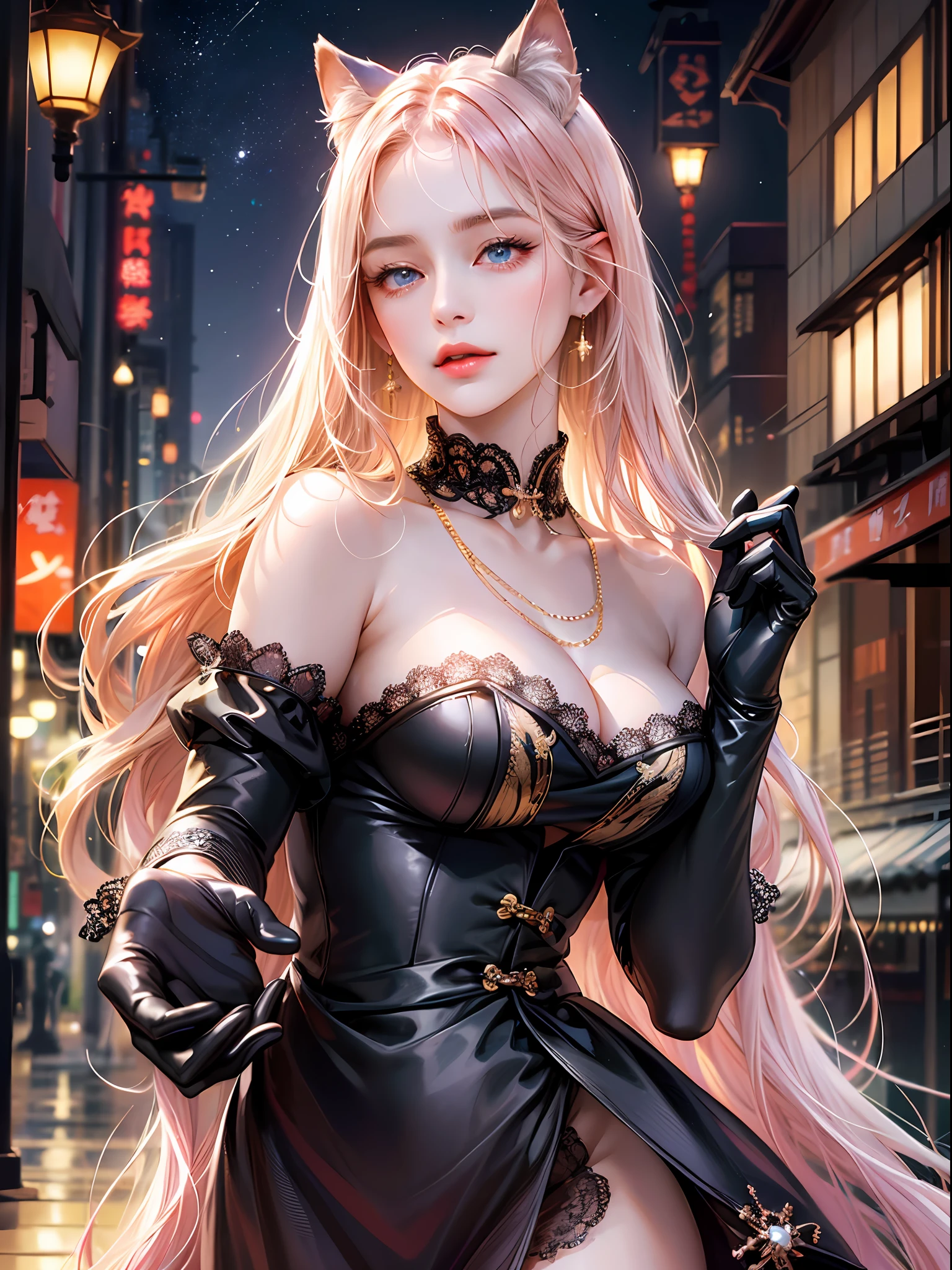 (absurd, high res, super detail), face close-up, face enhancement, focus on face, single woman, mature woman, elderly long straight hair, shiny beautiful hair, beautiful skin, lush skin, blue eyes, bangs, long sleeves, detailed eyes and fine face, eye highlights, unbroken hands, rich lighting, Large breasts, Pale pink lips, Uniform 8K wallpaper with high definition CG, Realistic and smooth skin, Attention to detail, Portrait, Gaze, Solo, Half shot, Fine drawn face, Soft smile, Dynamic pose, Classical period, (Contemporary Japanese subject matter: 1. 1), Cat ears, Dominant, Black dress Black Lace Gloves, Black Gloves, Lace Dress, Contemporary Themes, (Thriving Civilization: 1.1), (Pure White: 1.1) Building, Neon, Roppongi, Kabukicho, Japanese Landscape, Fantastic, Romantic, Dance of Light, Austerity, Night, Darkness, Stars, Portrait, Film Lighting, Gold Necklace, Having a Date Scene, --auto --s2