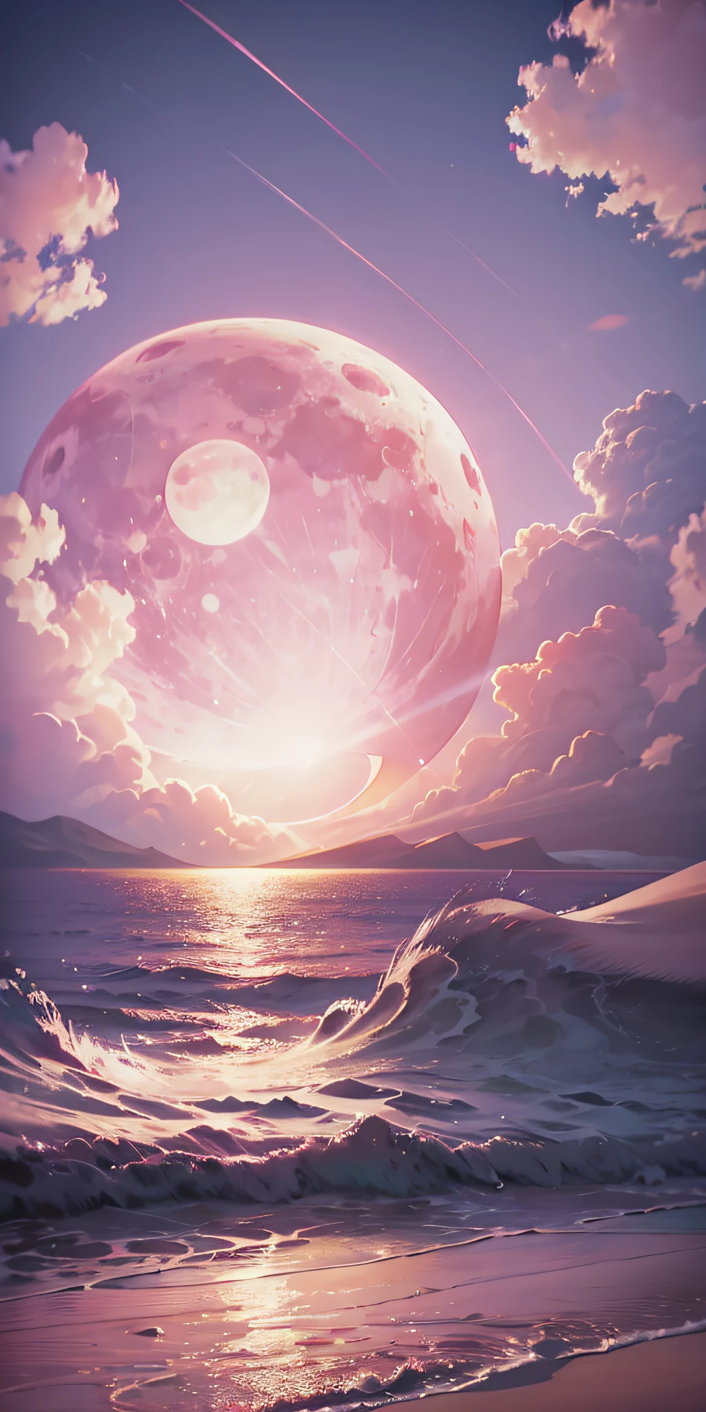 Pink moon, pink sky, pastel pink clouds, pink waves sparkling, sparkling, pink roses on pink ocean, fantasy, soft lighting, ultra hd, realism, cinematic effects, lens flare, aperture 16