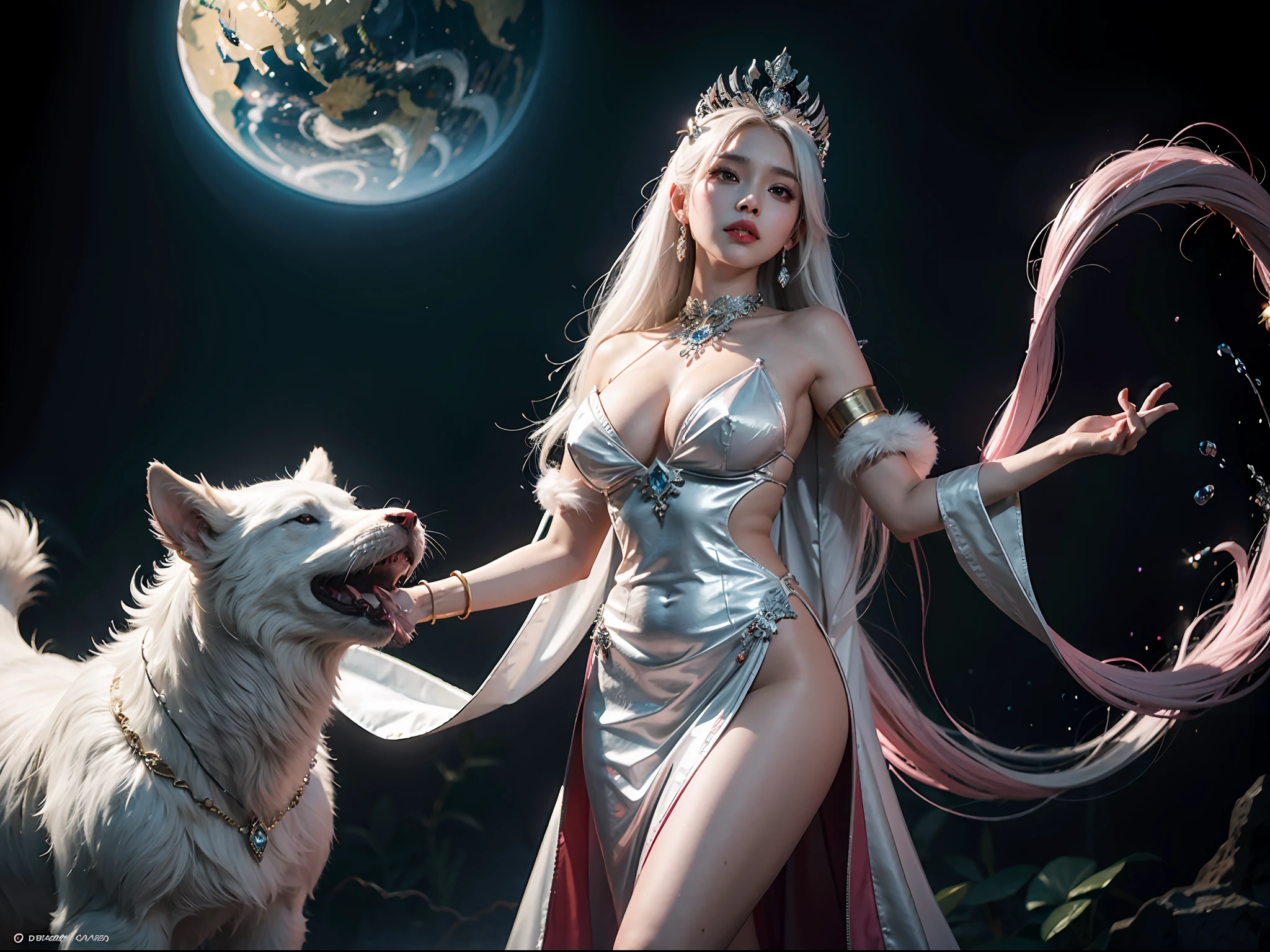 [divine goddess, attractive body, good big breasted, very beautiful, asian look like, white hair fade into pink, pure bare face, wear tiara, sexy celestial goddess white dress]:1.5, [pet a nightmare dreadful beast (abyssal cerberus), gently hold the cerberus head, the cerberus beast is super horrible]:1.3, [in good detail fantasy world], [wide shot, shot with sony alpha a7, dramatic theme, pure athmosphere]:1.5, [16k, masterpiece, surrealism, chromatic aberration, unreal engine 5, ray tracing, good detail, best quality].