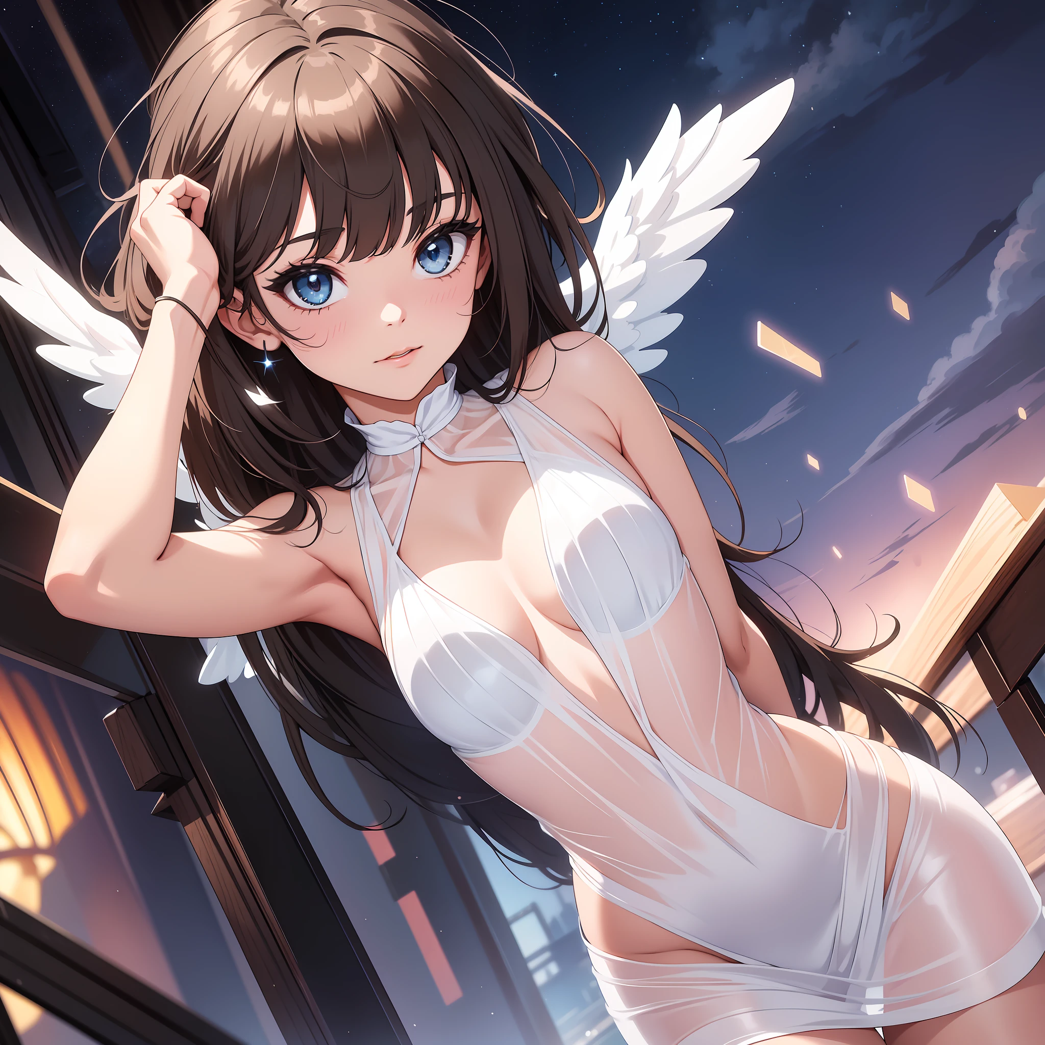 (Masterpiece, Top Quality, Best Quality, Official Art, Beautiful and Aesthetic: 1.2), (1 Girl: 1.3),Break,Solo ,Angelic Beautiful Girl,Break,Big Eyes,Beautiful Detailed Eyes,Brown Eyes,Long Lashes,Break,Blush,Break,High Saturation,Break,Starry Sky,Colorful,Sky,Break,Smile,Tilt Your Head,Break,Break,Bare Shoulders, Mini dress, simple, short, white, sheer, transparent, transparent, shiny, shiny, see-through, break,)