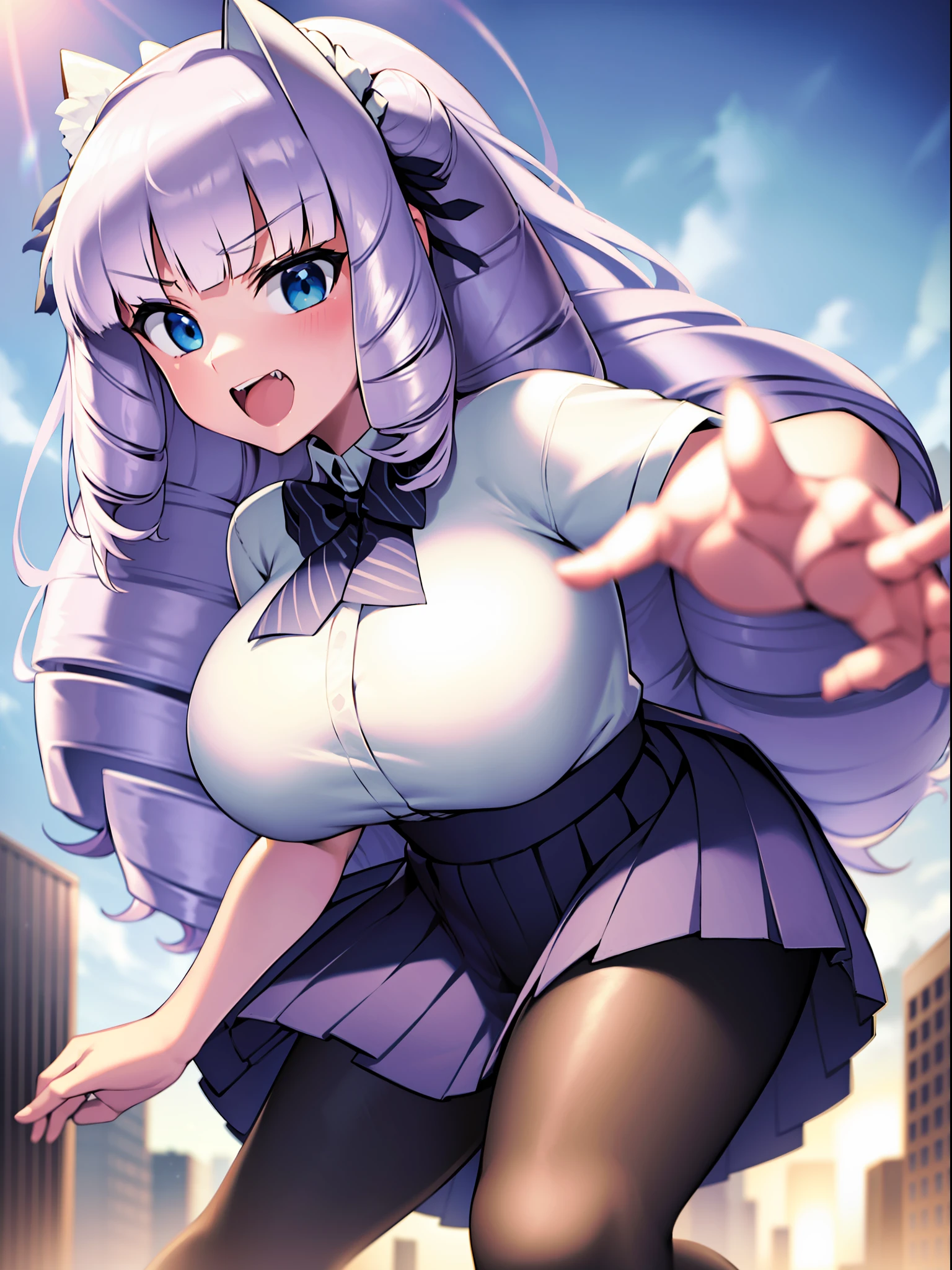 1girl, solo, Fujido Oriko, giantess, black pantyhose, blue eyes blue skirt, blunt bangs, breasts, cowboy shot, drill hair, fang, large breasts, long hair, looking at viewer, looking back, open mouth, pantyhose, pleated skirt, shirt, short sleeves, skirt, kung fu pose, white hair, white shirt, standing, giant among buildings, taller than a skyscraper,