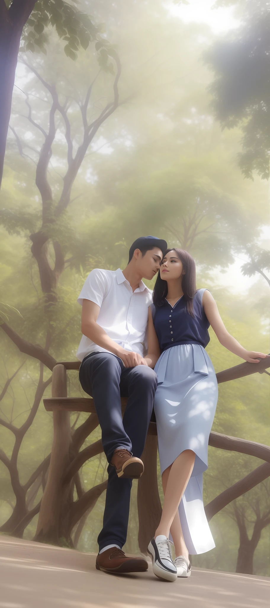 there is a man and woman sitting on a bench in the park, lovely couple, couple, couple pose, happy couple, in a tree, unreal enging, on a tree, very very low quality picture, with her long, photo taken in 2 0 2 0, help me, kuntilanak on tree, in jungle, profile image, scenary Perfect restoration, Face details, dress restoration, best quality, Rich details, masterpiece, 8k, raw