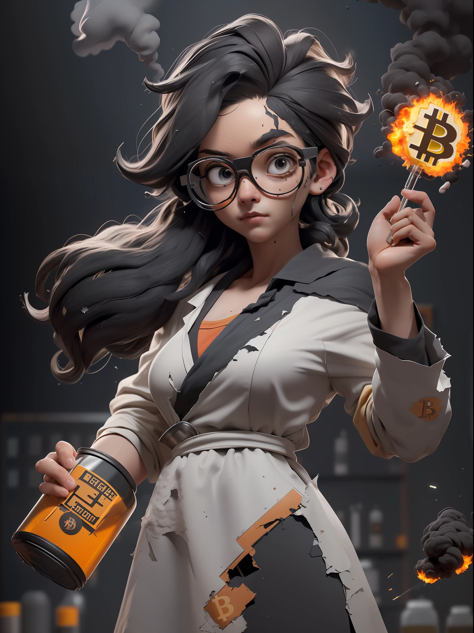 (Masterpiece: 1.5), (Best Quality: 1.5), High Definition, High Detail, 3DMM, One Woman, Solo, ((Cracked Glasses))((black soot )) (exploded hair,beard , ((exploding clothes,torn clothes,ripped cloths)) (( lab gown Top Ash Bangs)), ((A bitcoin Shocks the Woman )) In the lab she carries me to (((an bitcoin cryptocurrency))), it explodes, hair standing with ash on it , cute, glowing bitcoin, ((ashes explosion on the face)), ((indoor,lab,black smoke,smoke,fire,beaker,flask,science equipment,explosion,fire))