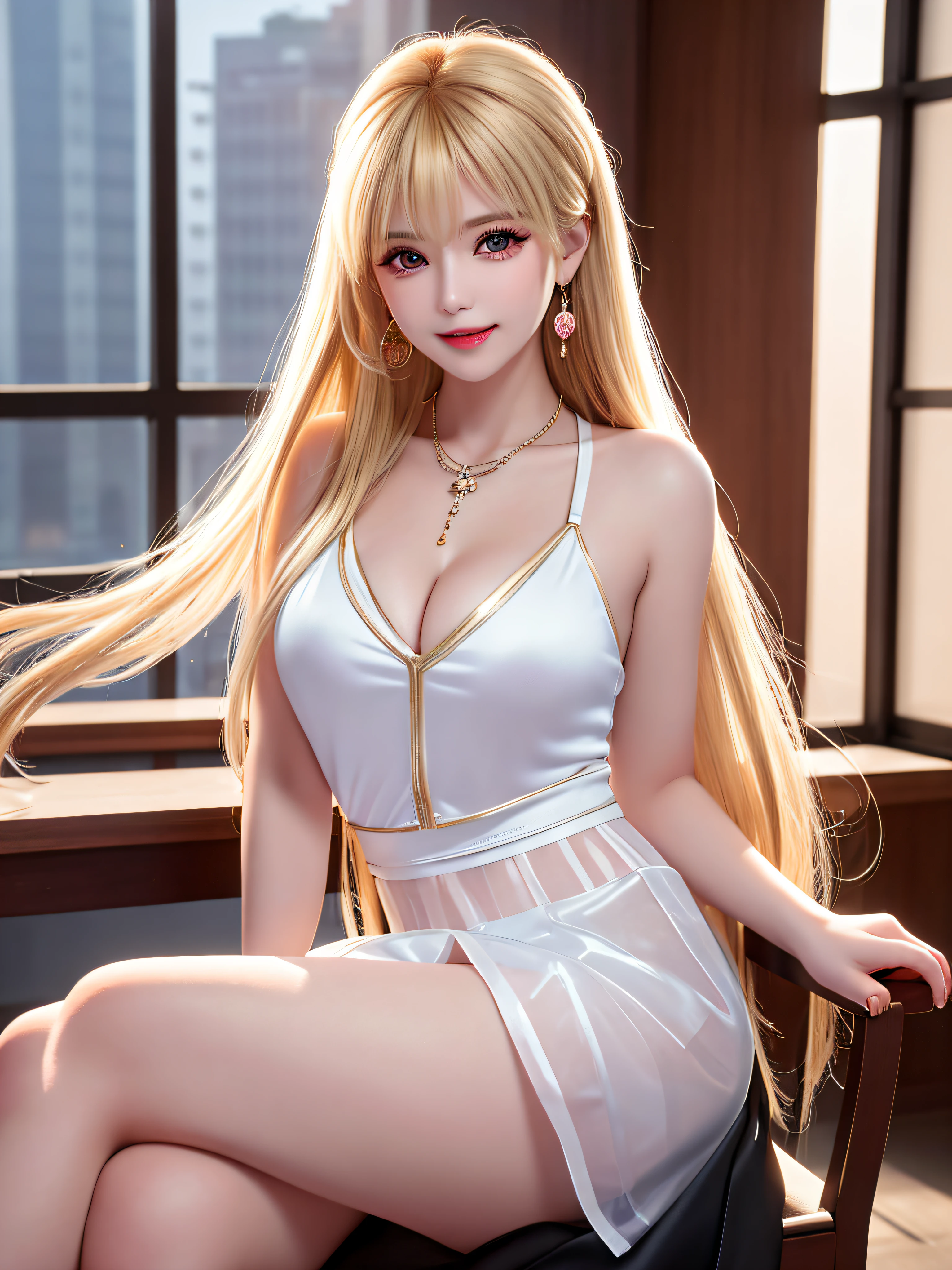 ((Female Teacher Sitting on a Chair in Classroom Chair and Opening Legs)), Necklace, Earrings, Full Body V6, ((Long Blonde Hair)), ((Translucent Silk Black Mini Dress, Skirt)), Cleavage Emphasis, Sleeveless, Short, ((White Underwear Visible)), Superb, Ultra High Definition, RAW Photography, Realism 1.25), (Bright Lip Gloss, Long Eyelashes, Smooth) Face, Bright Skin, Natural Shadows, Wide light, wide light, depth of field, strong colors, subtle caustics: 0.8), smile, (big), v6 contempt and arrogant and elegant, there are windows showing different buildings in the city,