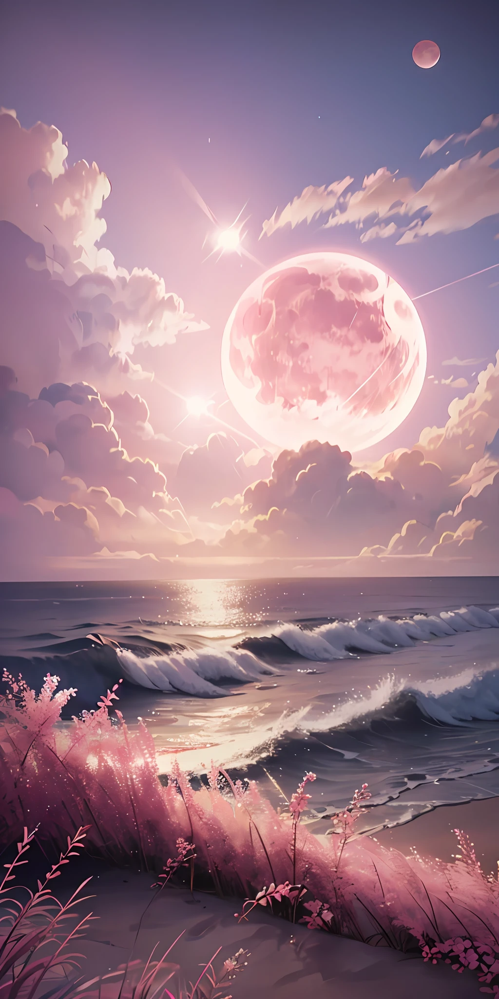 Pink moon, pink sky, pastel pink clouds, pink waves sparkling, sparkling, pink roses on pink ocean, fantasy, soft lighting, ultra hd, realism, cinematic effects, lens flare, aperture 16