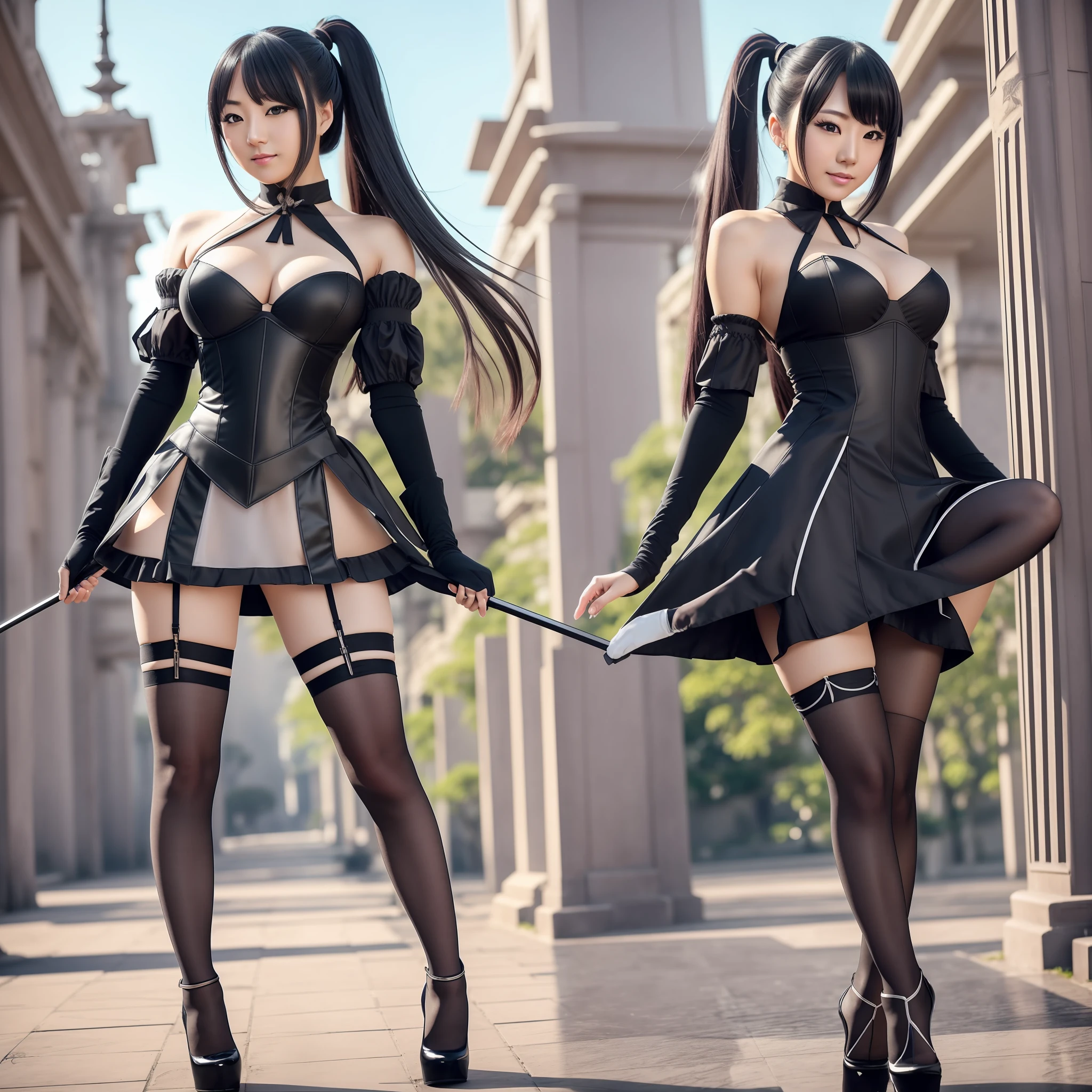 Wakana Ōtaki, kalafina, posing for picture, sexy, full body shot, shot from behind, palace background, sexy pose, elegant, nier automata cosplay dress, corsait, stockings, high heels, long boots, long legs, panties, lingerie, long gloves, choker, ponytail, very long hair, makeup, lipstick, hot attractive female, detailed face, perfect body, black hair, late hours, high resolution, best quality, 4k, looking at viewer, --auto --s2
