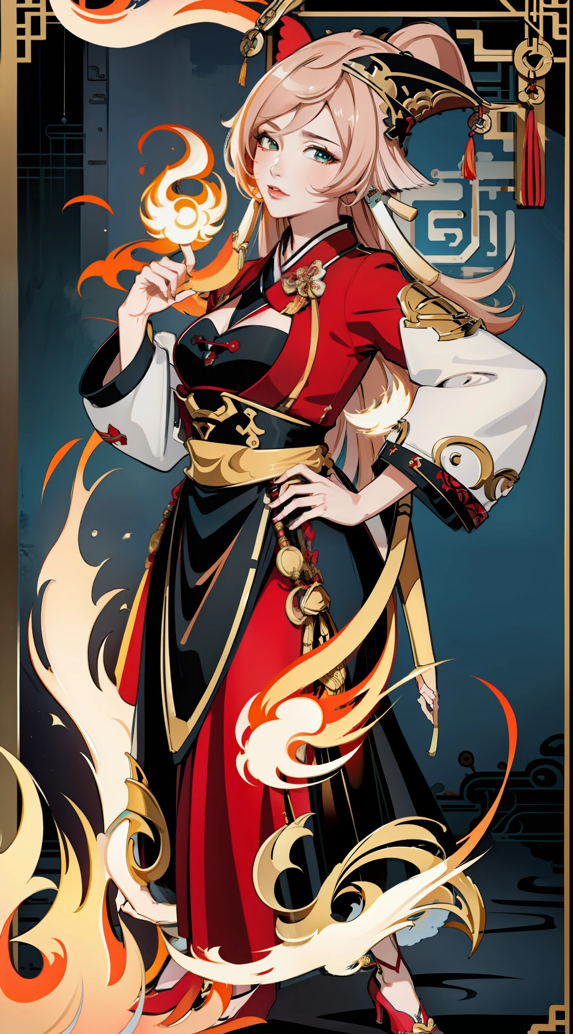 Masterpiece, Best quality, Rich details , video game Genshin Impact, Genshin Impact style, 1 girl, (seductive), sexy expression, (adult female), 30 years old, smoky, full body, plump is figure, Chinese style, Hanfu, fire, Chinese architecture