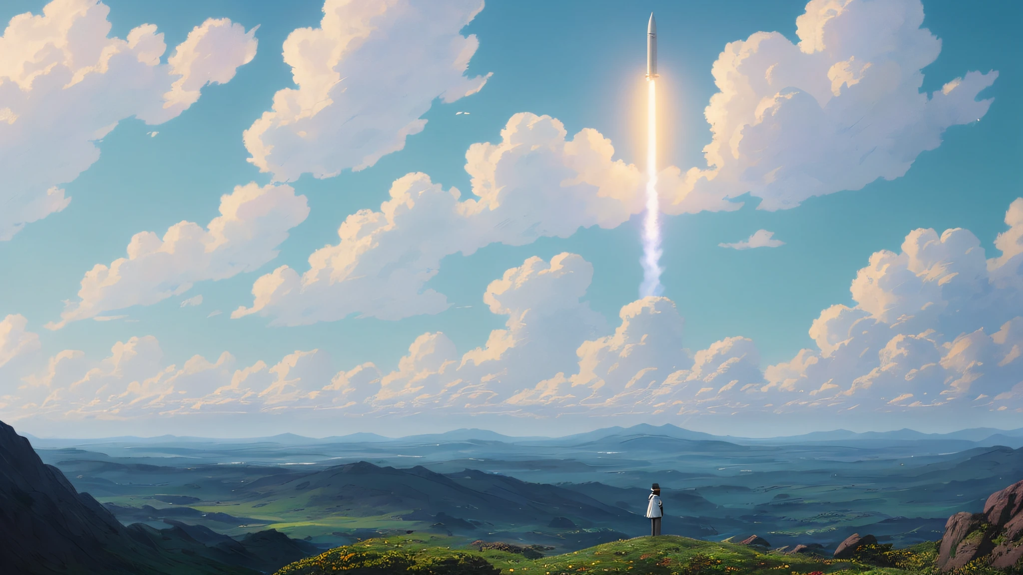 a highly detailed a rocket launch in the distance by studio ghibli, makoto shinkai, by artgerm, by wlop, by greg rutkowski, volumetric lighting, octane render, 4 k resolution, trending on artstation, masterpiece, art by greg rutkowski and artgerm, soft cinematic light, adobe lightroom, photolab, hdr, intricate, highly detailed, ((((depth of field))))