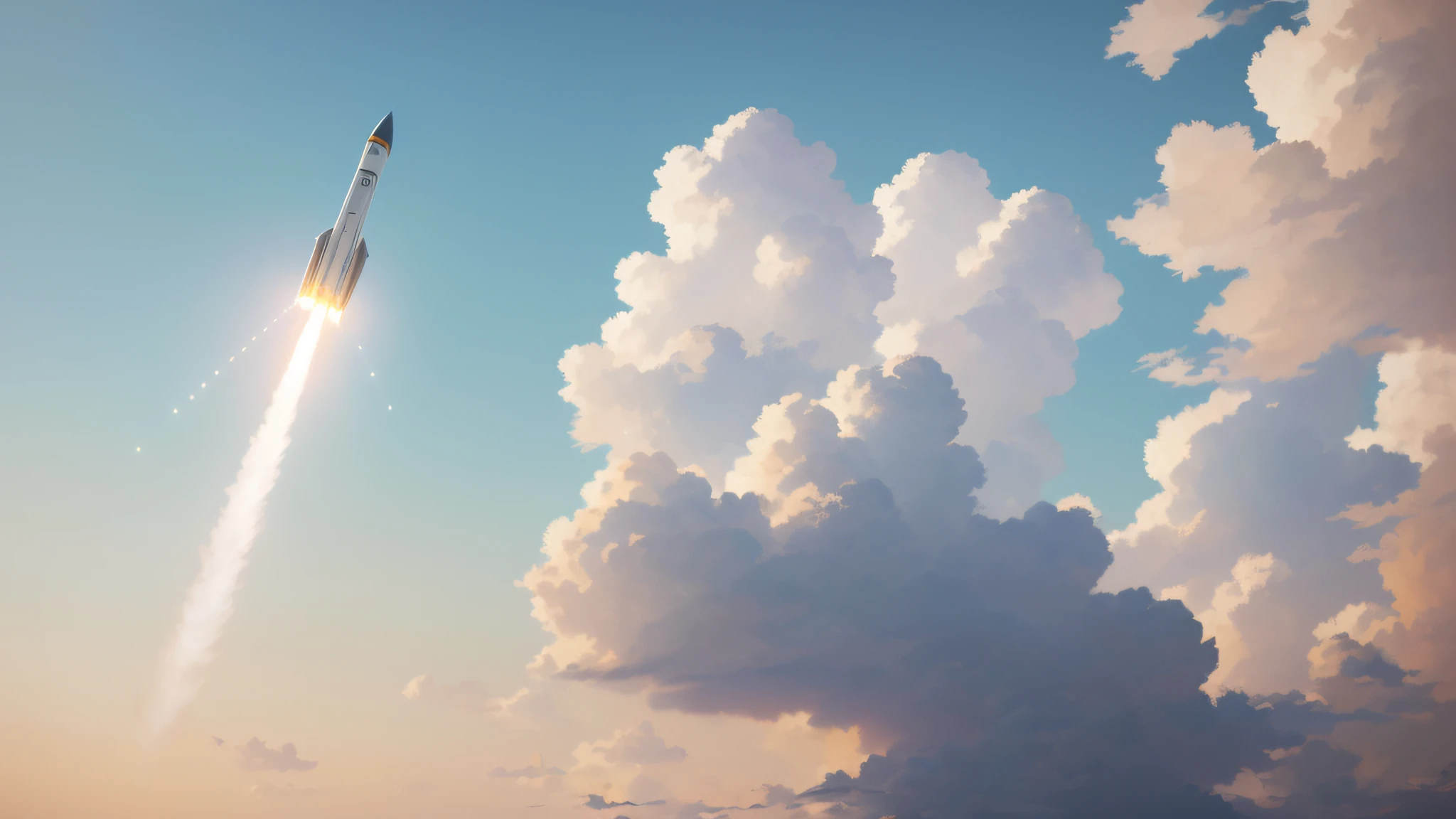 a highly detailed a rocket launch in the distance by studio ghibli, makoto shinkai, by artgerm, by wlop, by greg rutkowski, volumetric lighting, octane render, 4 k resolution, trending on artstation, masterpiece, art by greg rutkowski and artgerm, soft cinematic light, adobe lightroom, photolab, hdr, intricate, highly detailed, ((((depth of field))))