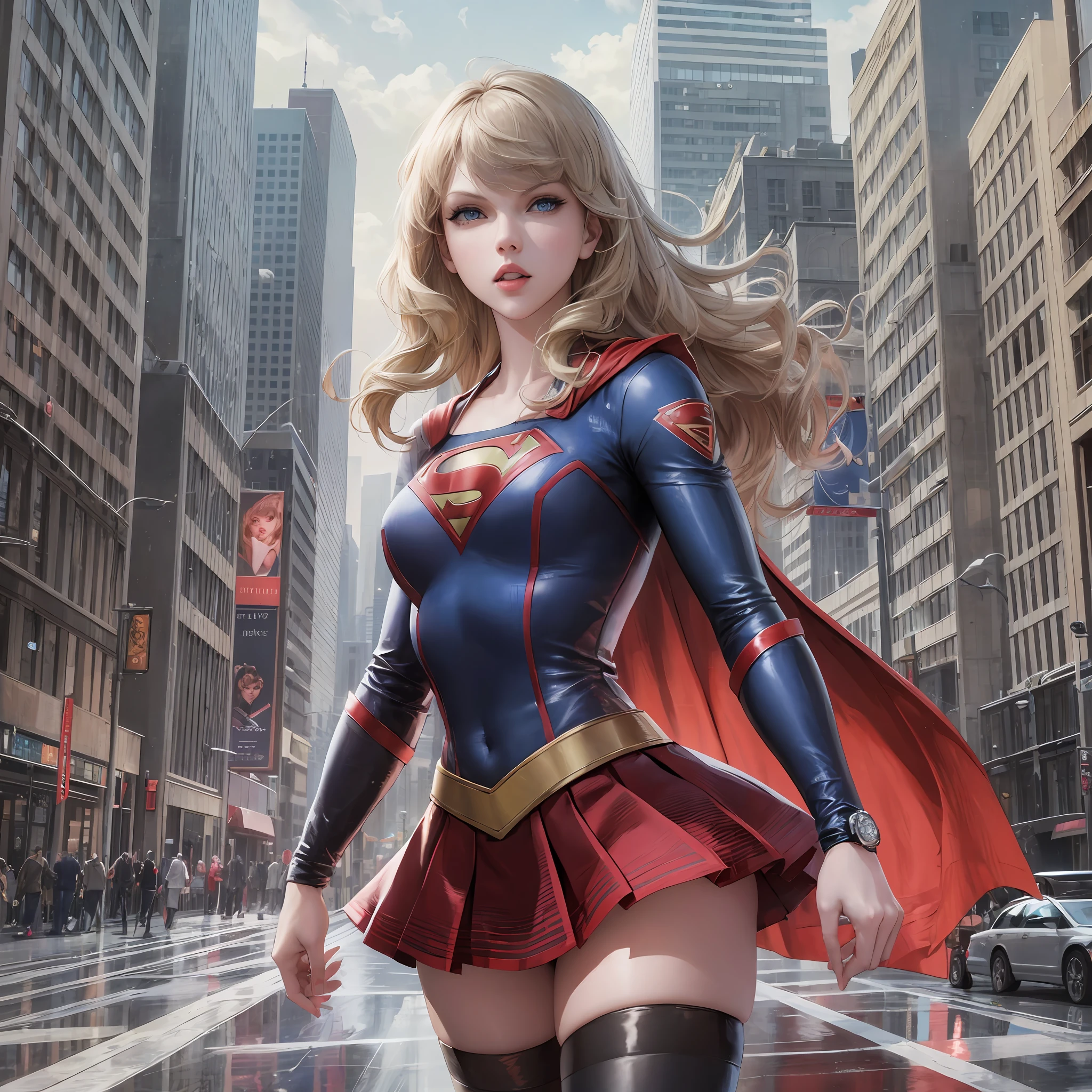 The image shows Taylor Swift wearing a red and blue Supergirl uniform, with the "S" emblem on her chest and a flowing red cape behind her. The cover reflects sunlight, creating a bright and vibrant effect. She's standing on a busy New York street, with tall skyscrapers in the background. On the street, cars and taxis rush past while pedestrians walk in both directions. The expression on Taylor Swift's face is one of confidence and determination, as if she is ready to save the world at any moment. Her blonde hair is loose, and her blue eyes glow with the thrill of the impending action. The image is very realistic, with very well defined details, such as the traces on Supergirl's uniform and the reflections of the windows of the buildings on the street. --auto --s2