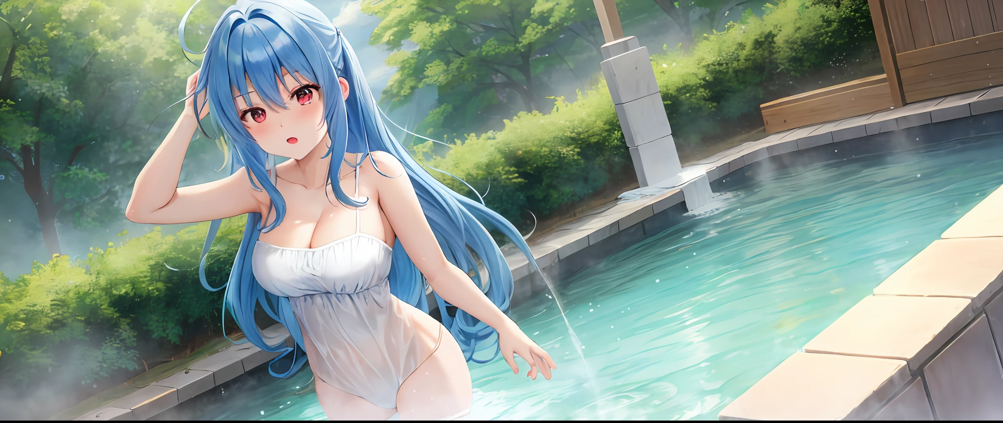 Blue hair, long hair, big red eyes, convergence, bath, hot spring, expression, standing position, full body nudity,, hands open, legs open
