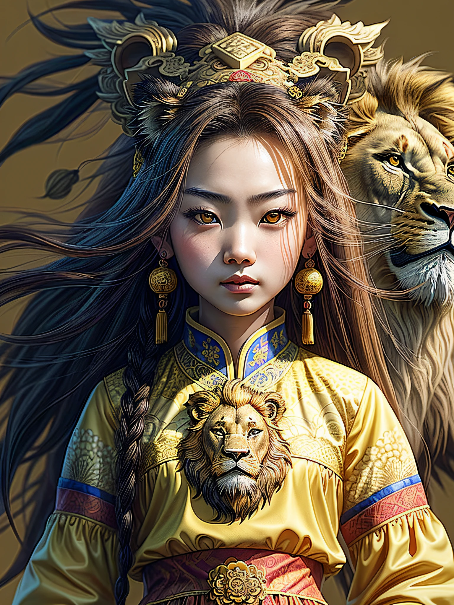 Masterpiece, superlative, Chinese girl on the side, 1girl\ (\), (a big lion on yellow background: 1.3), intricate details, award-winning work, traditional pattern, fierce lion silhouette