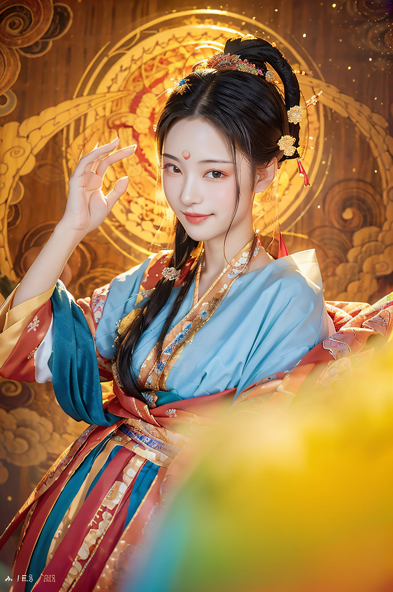 Official Art, Unified 8K Wallpapers, Ultra Detailed, Beautiful and Aesthetic, Masterpiece, Best Quality, (Zentangle, Tangle, Entangle), (fractal art: 1.4), 1girl, very detailed, dynamic angle, cowboyshot, (most beautiful form chaos), ethereal, (bright colors), oc, (full body: 0.8), china, (thangka flying sky: 1.5), (ribbon: 1.3), (dream: 1.5), (hanfu: 0.7), (smile: 0.5), (Chinese deity), upper body close-up