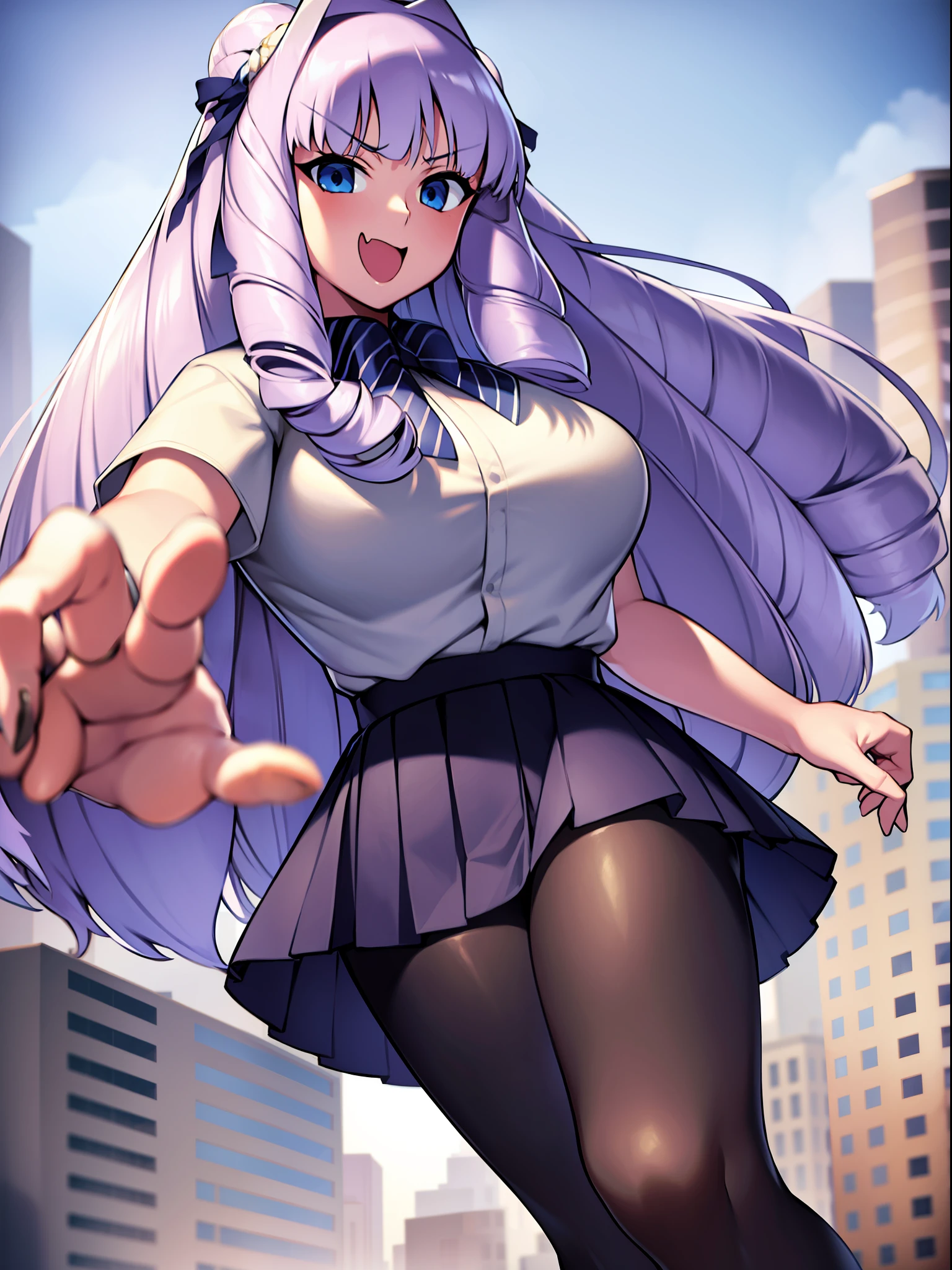 1girl, solo, Fujido Oriko, giantess, black pantyhose, blue eyes blue skirt, blunt bangs, breasts, cowboy shot, drill hair, fang, large breasts, long hair, looking at viewer, looking back, open mouth, pantyhose, pleated skirt, shirt, short sleeves, skirt, kung fu pose, white hair, white shirt, standing, giant among buildings, taller than a skyscraper,