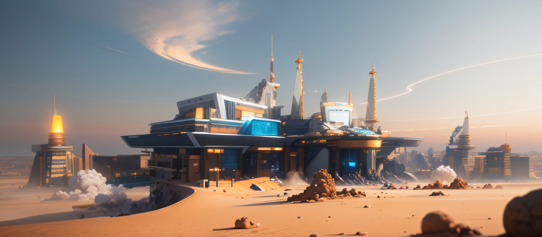 Futuristic sci-fi building with white metal exterior silhouette, blue glass surface, gold decoration, futuristic technology lighting, Mars rock details, art station trends, beautiful lighting, realistic, complex, award-winning, 4k, highest quality award-winning, 4K digital painting in the style of Yoshitaka Amano. The detailed and intricate depiction of the lost ancient island skillfully captures the chaos and drama of the scene. Beautiful lighting and cinematic composition make this piece a true masterpiece, popular on ArtStation