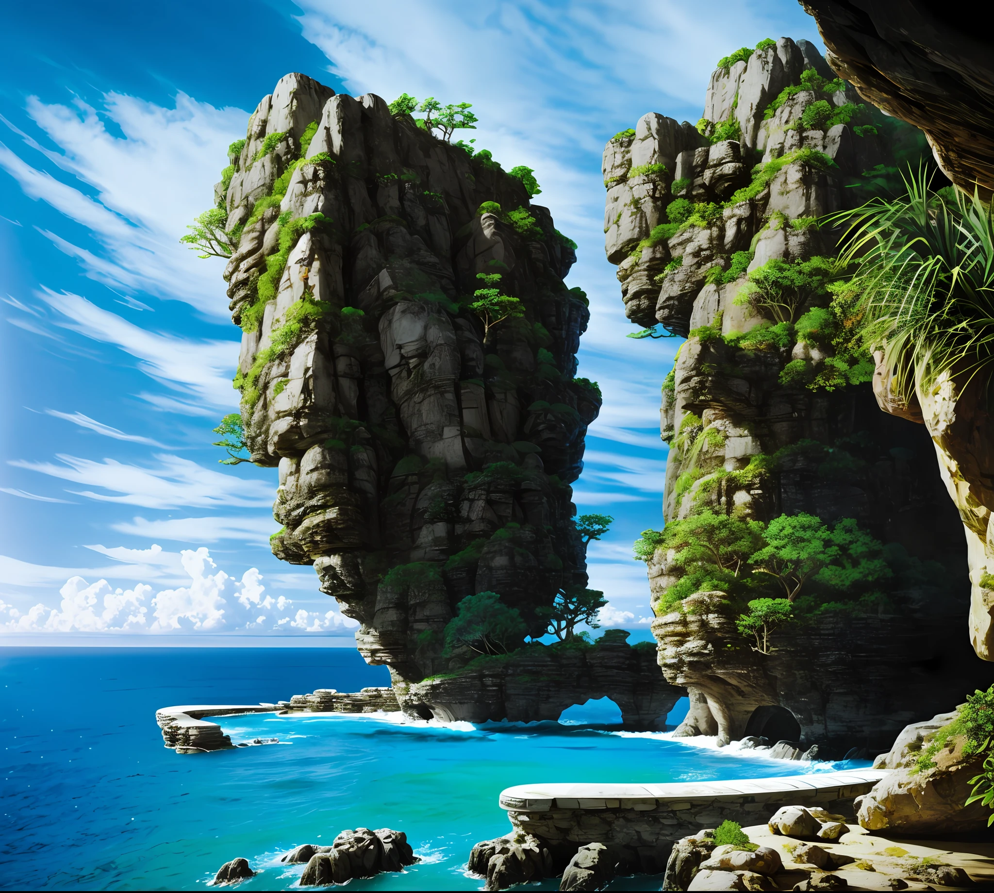 a modern futuristic design large cliff House's with a artificial waterfall and a pool in the middle, nature meets architecture, built around blue ocean, realistic beehive architecture, organic architecture, very close to real nature, breathtaking render, island with cave, stunning architecture, luxury architecture, realistic fantasy render, by Zha Shibiao, epic and stunning, architectural visualization, epic architecture, concept art. 8 k