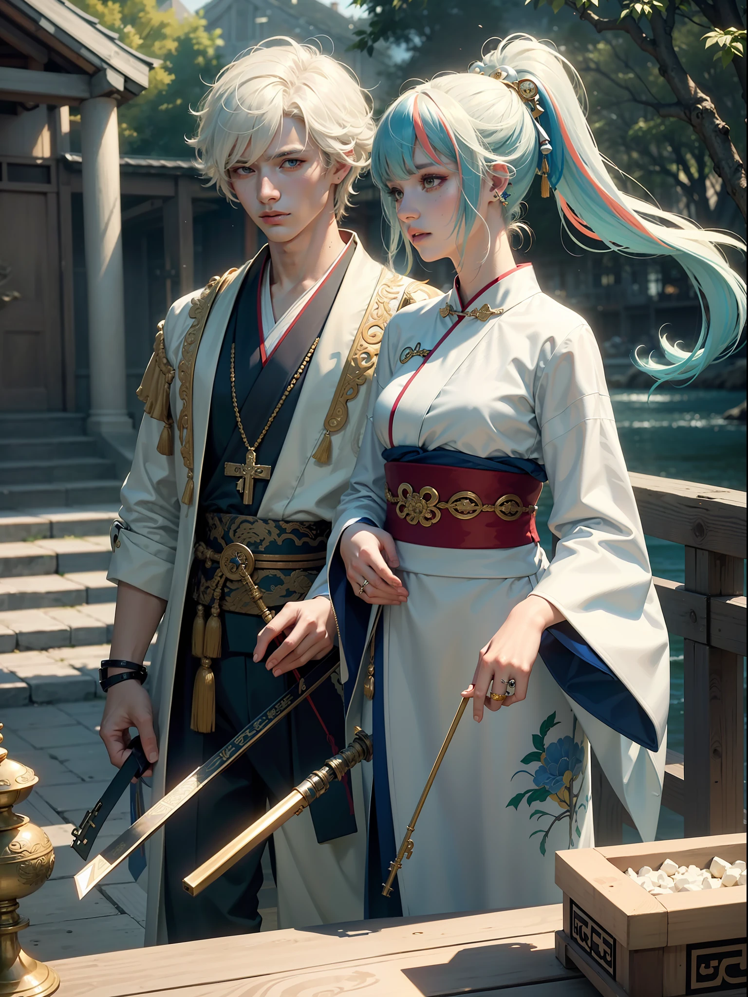 Concept Art, "1 Couple, Male Focus, Finned Ears, Multicolored Hair, Handsome Boy, Long White Hair, Tassels, Bangs, Carp, Colorful, Bold Colors, White Kimono, (Open) Kimono, Traditional Chinese Clothing, Close-up, Intimate Interaction, Stud Earrings, Rings, Sweat, Illuminate People", Colorful, Master Composition with Focus on Key Figures, Realism, Masterpiece, Award-Standing, Best Quality, Masterpiece, Ultra Detailed, 8K, Extremely detailed CG Unity 8k wallpaper, complex, highly detailed, realistic