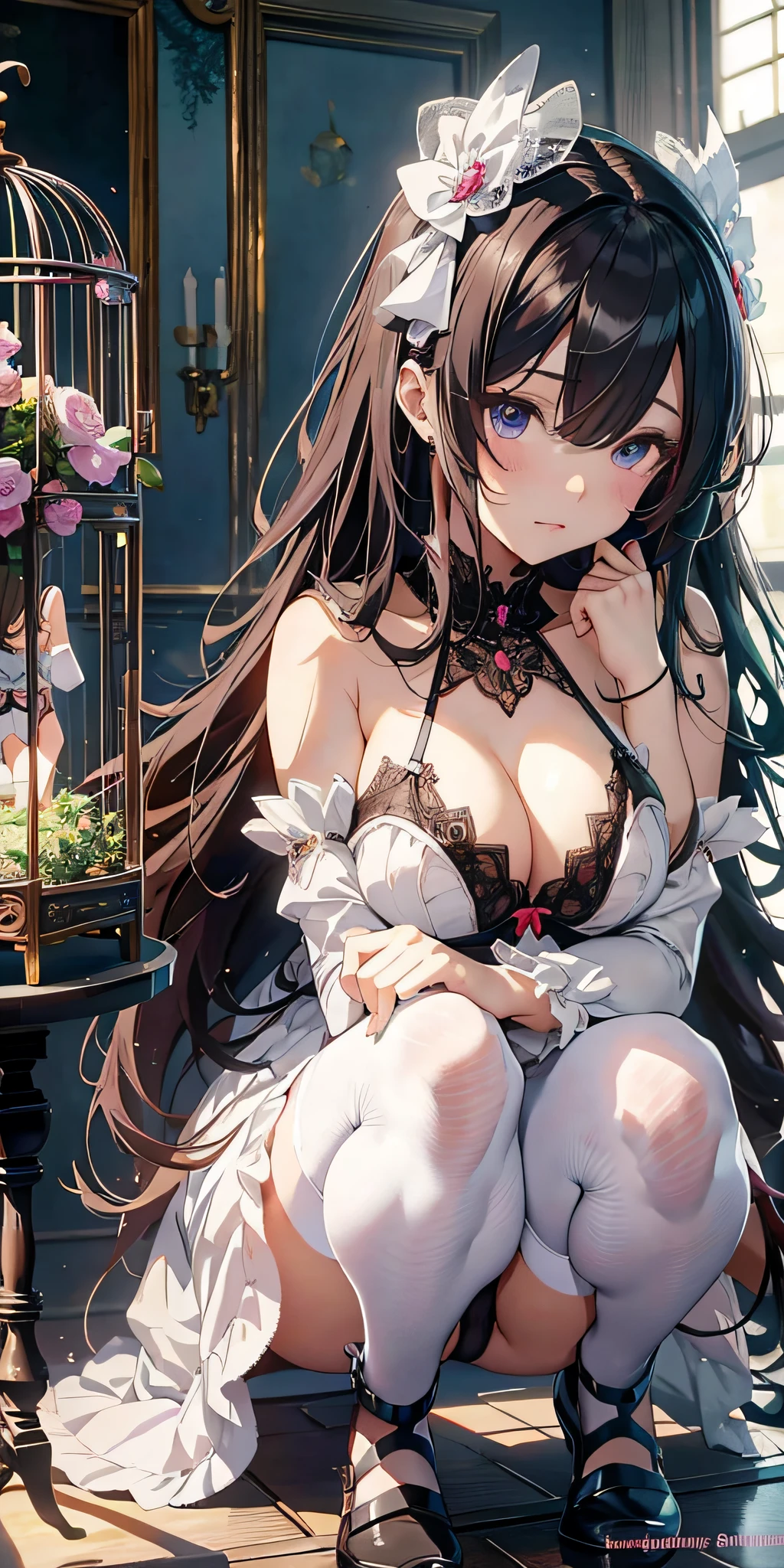 anime girl in lingerie sitting on floor with bird cage, seductive anime girl, beautiful anime girl squatting, anime barbie in white stockings, guweiz, loli, beautiful alluring anime woman, small curvy, dress, | fine detail anime, the anime girl is crouching, guweiz on pixiv artstation