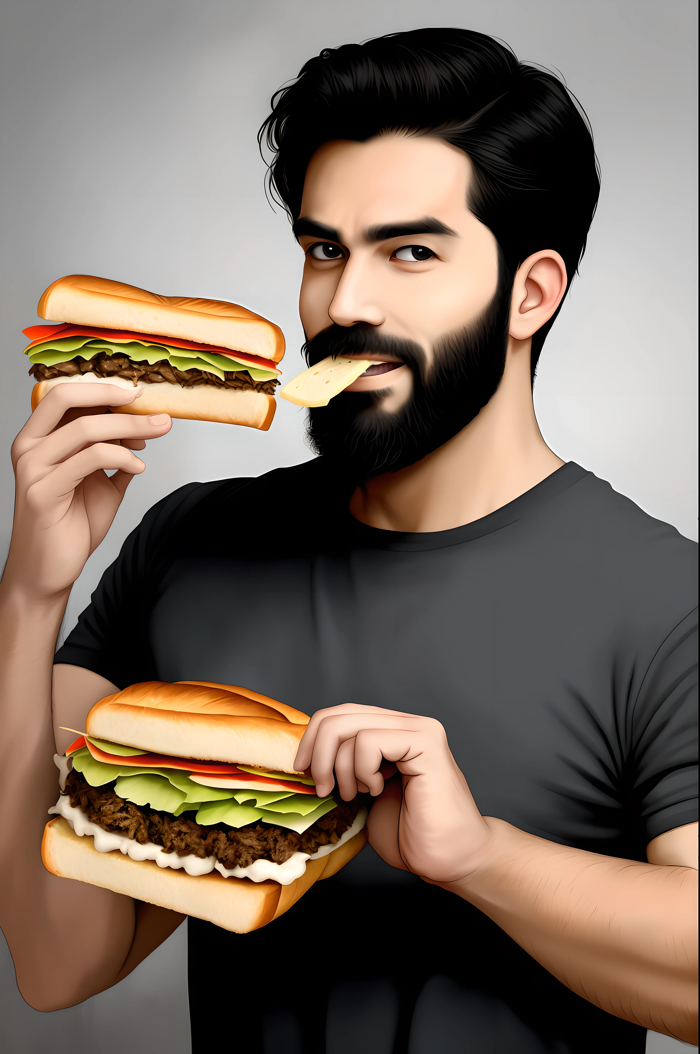 realistic style, 32 years old young man, black hair, white skin tone, beard with smooth face, eating sandwich