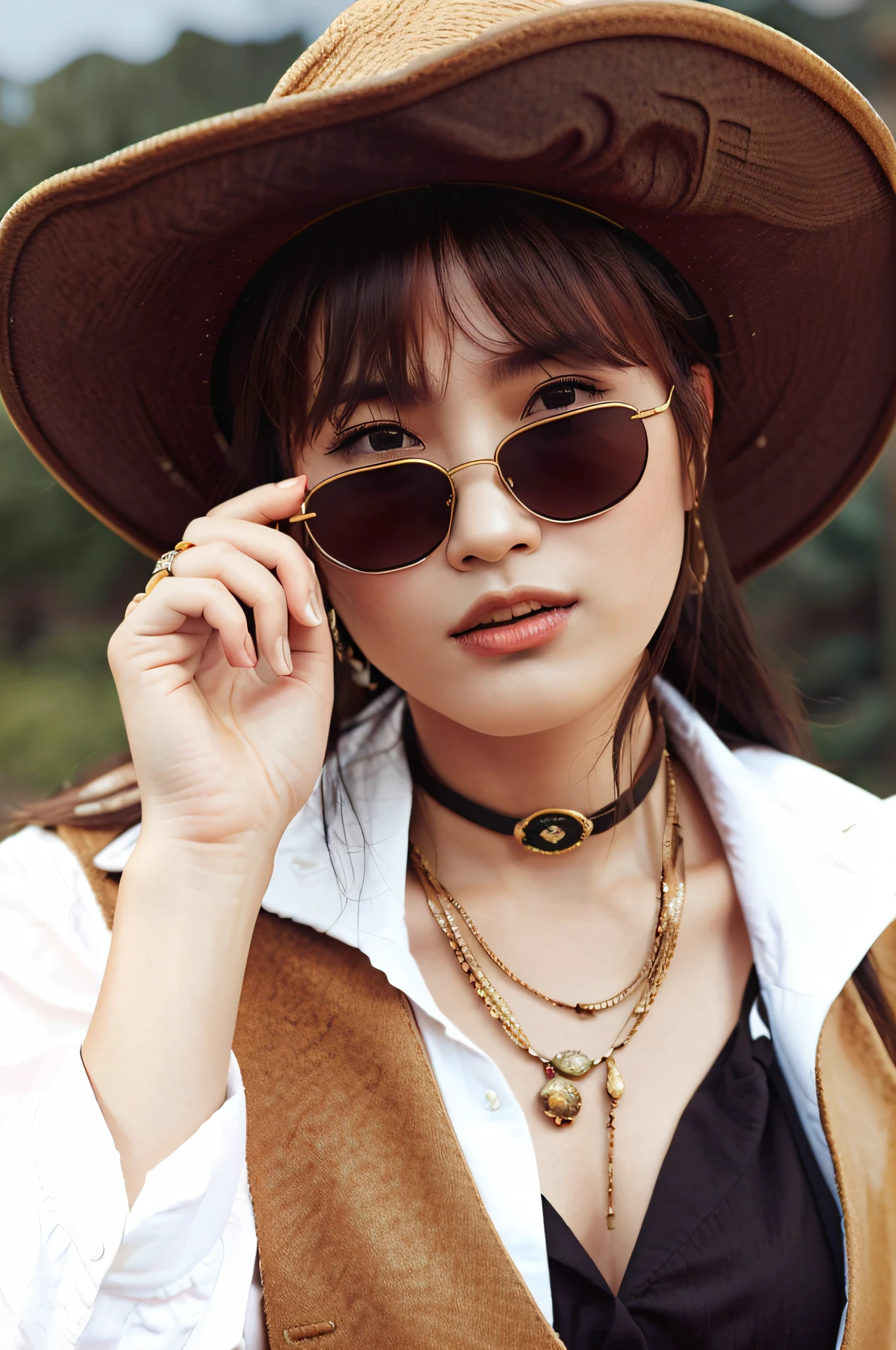 (high quality, portraiture), wearing (designer sunglasses), wearing (dark brown cowboy hat) western style female Dillabadil Murat with fashion elements and unique style. The posture is beautiful, the expression is vivid, the personality of the characters is distinct, which is unforgettable, and Li Zixin's temperament is highlighted.