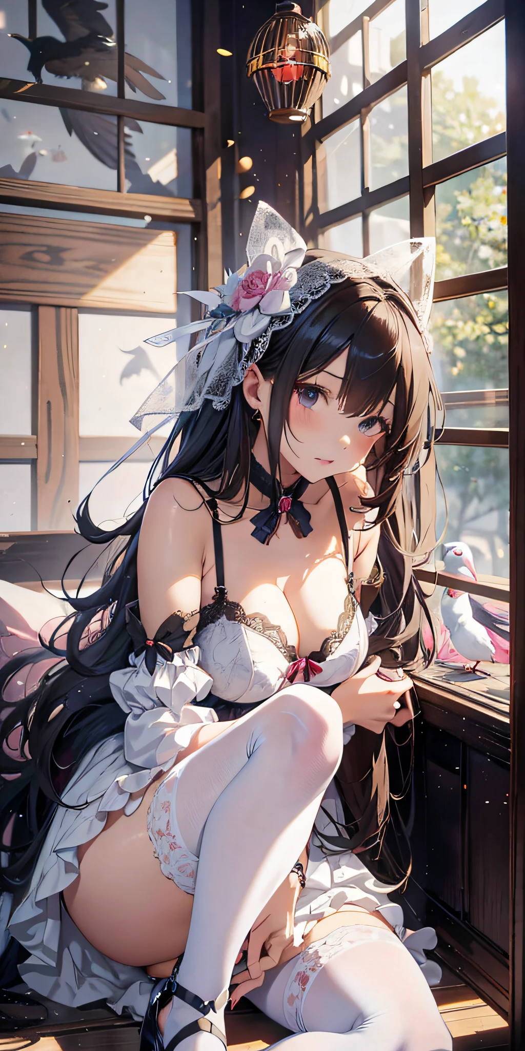 anime girl in lingerie sitting on floor with bird cage, seductive anime girl, beautiful anime girl squatting, anime barbie in white stockings, guweiz, mature woman, beautiful alluring anime woman, small curvy, dress, | fine detail anime, the anime girl is crouching, guweiz on pixiv artstation