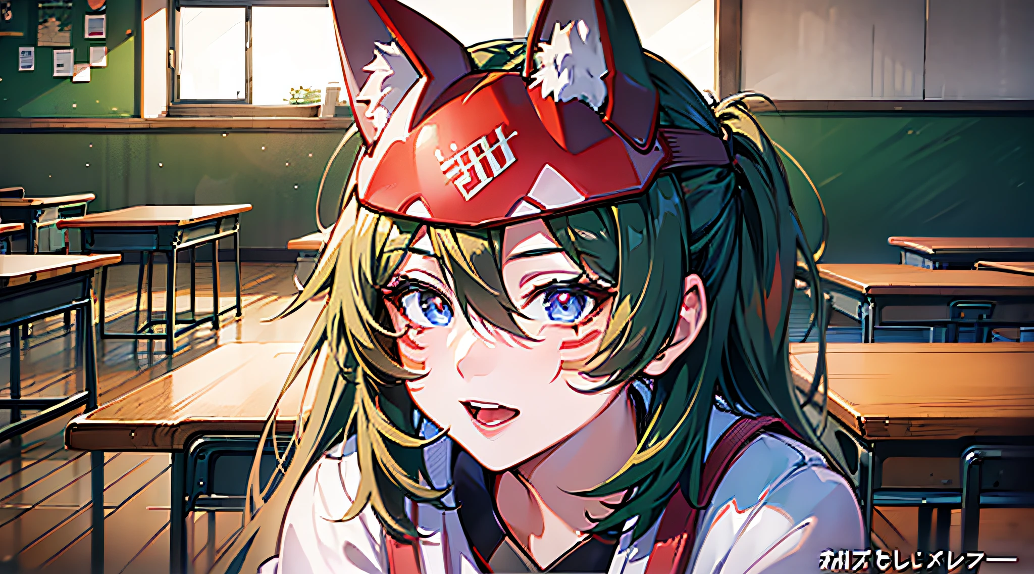 "Masterpiece, high quality, (anime), best quality, dynamic lighting, dynamic background, very detailed eyes and face, 1girl, tag:1girl,facial mark,fox, background: classroom, excited,