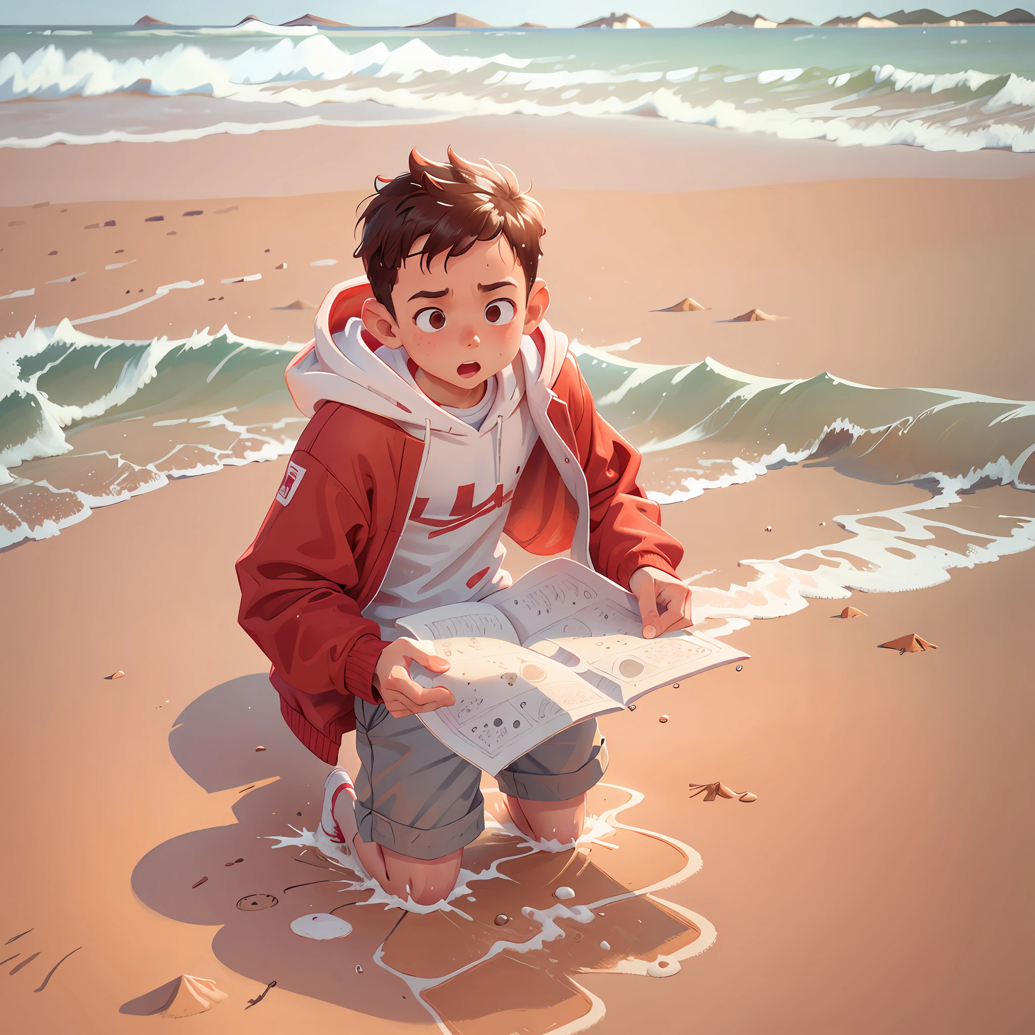 On a sandy beach, a boy in a red sweatshirt and white lining seems to have accidentally discovered a soaked map...