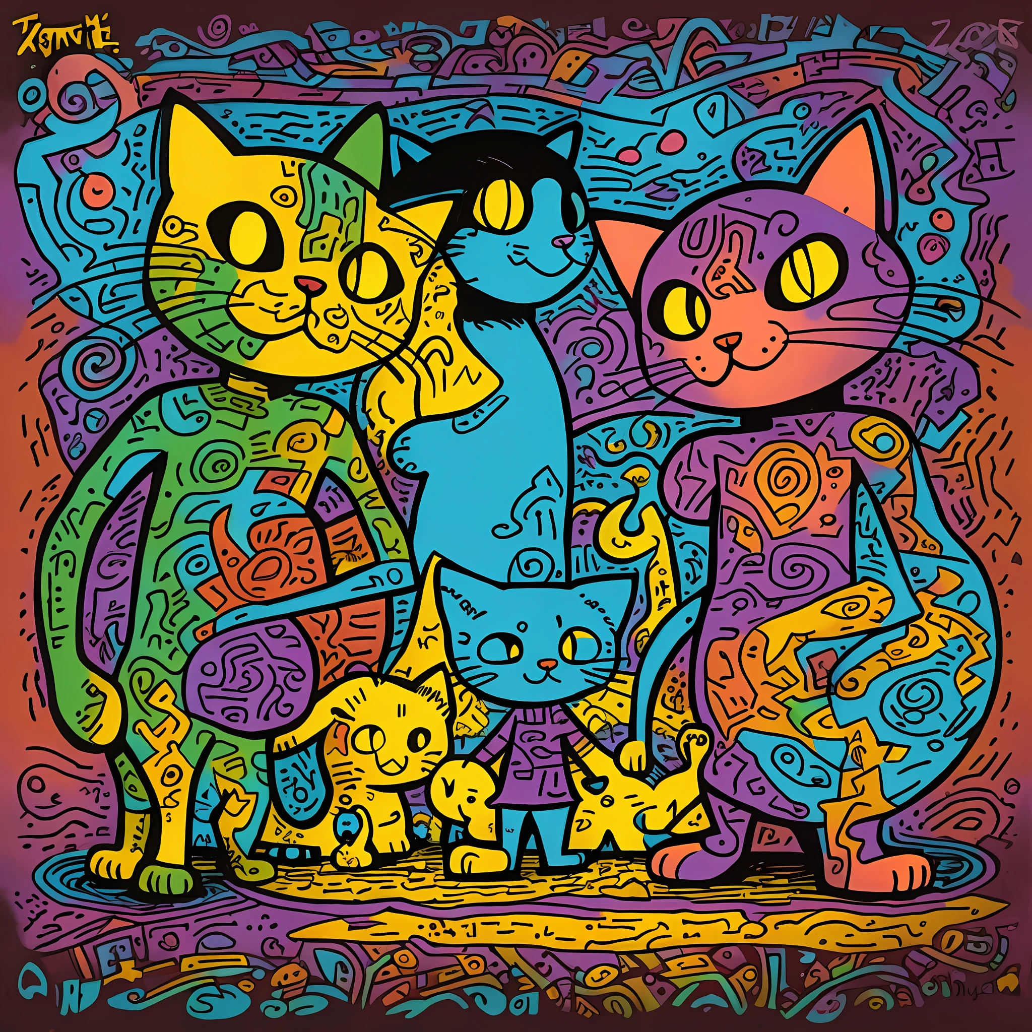 Impressionist Cartoon Whimsical Cat Family, in the style of Andy Kehoe and Skottie Young, Keith Haring, Stylized, detailed, Adventure Time, Layered 2d art, Zao Wou-Ki --v 5.1 --s 500 --chaos 10 --ar 9:16 --auto --s2